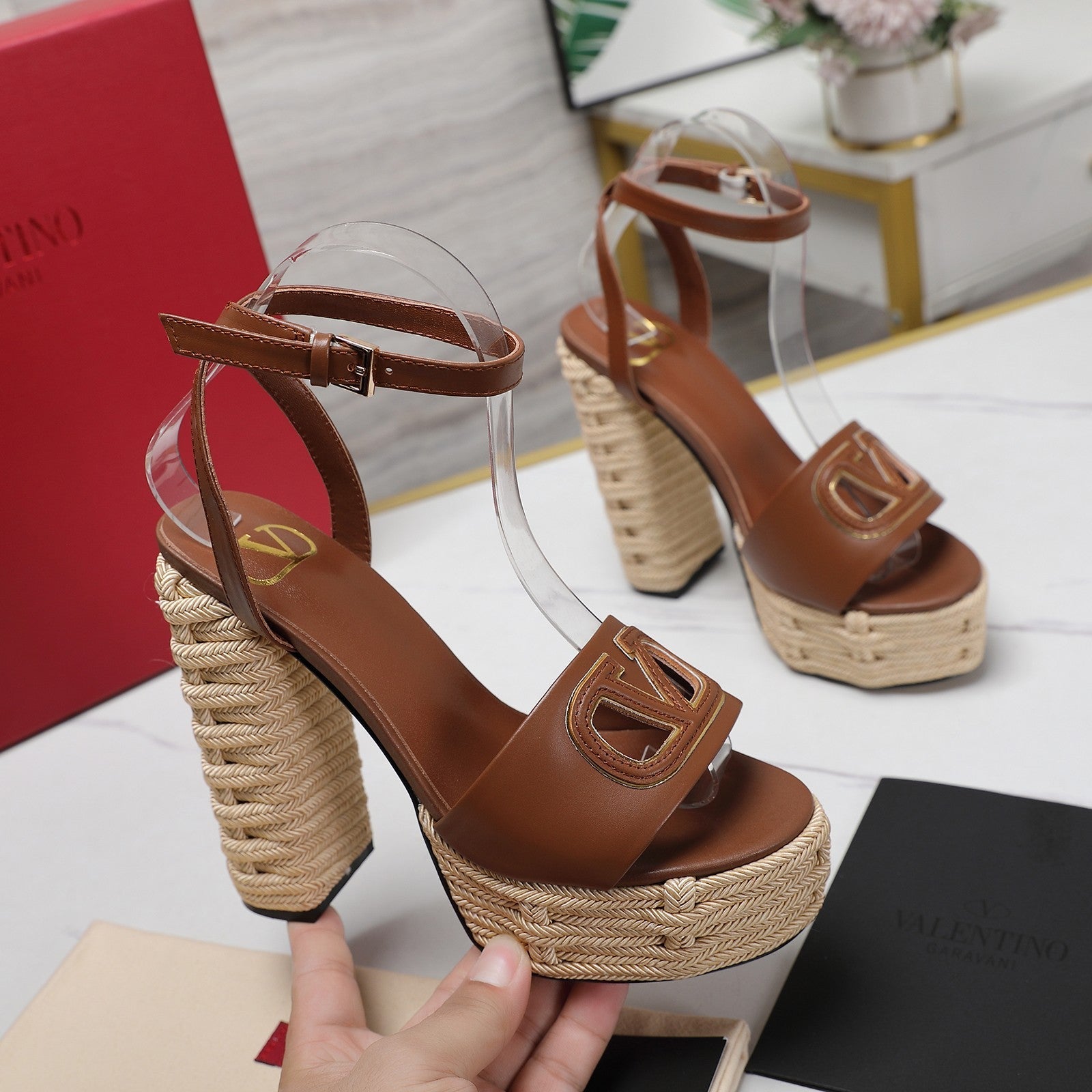 VL High-Heeled Flatform Sandals 13mm In Chocolate Brown Cowhide 456383