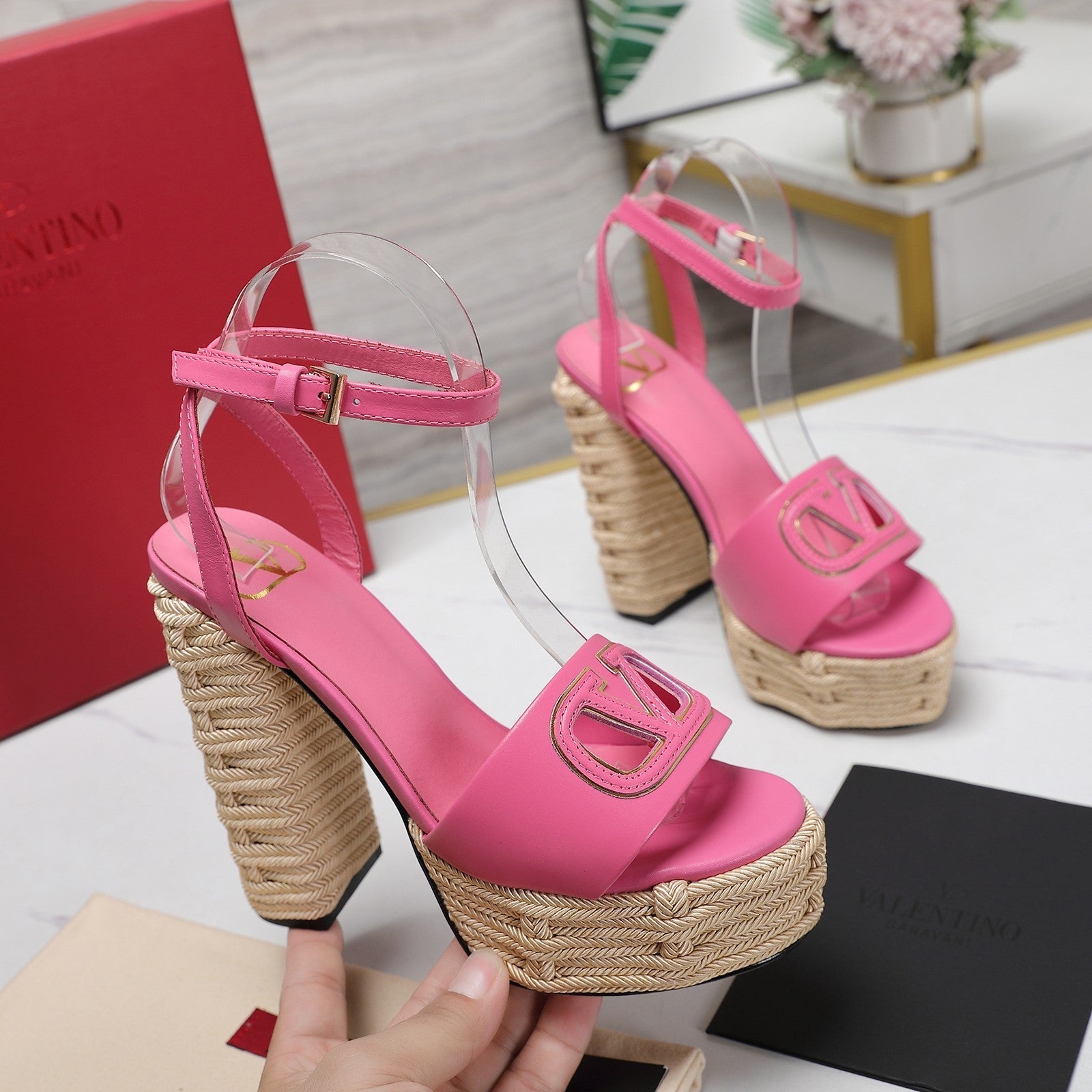 VL High-Heeled Flatform Sandals 13mm In Pink Cowhide 456382