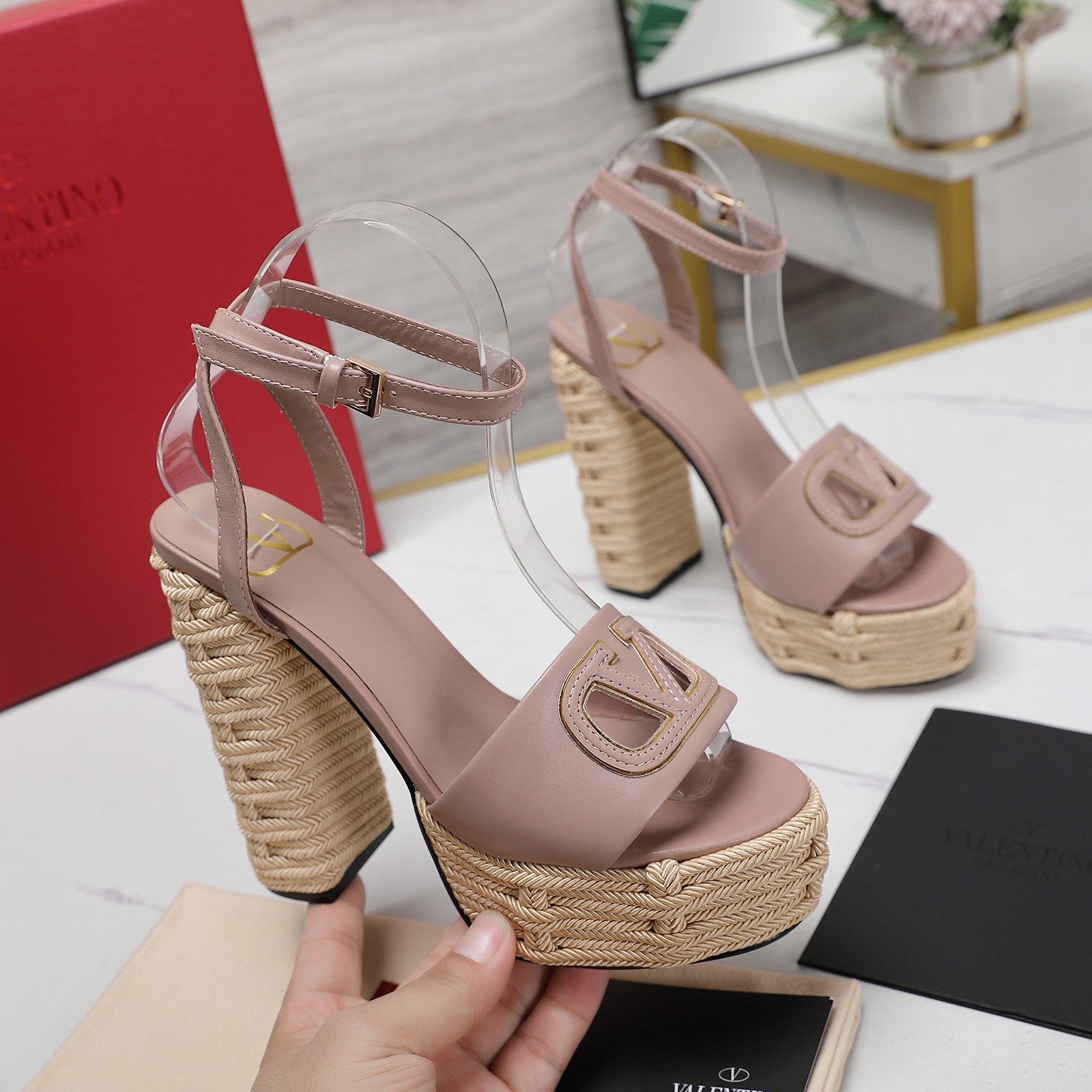 VL High-Heeled Flatform Sandals 13mm In Pinky Nude Cowhide 456381