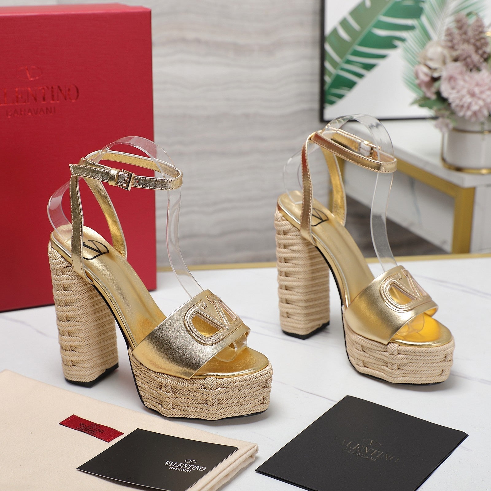 VL High-Heeled Flatform Sandals 13mm In Gold Cowhide 456380