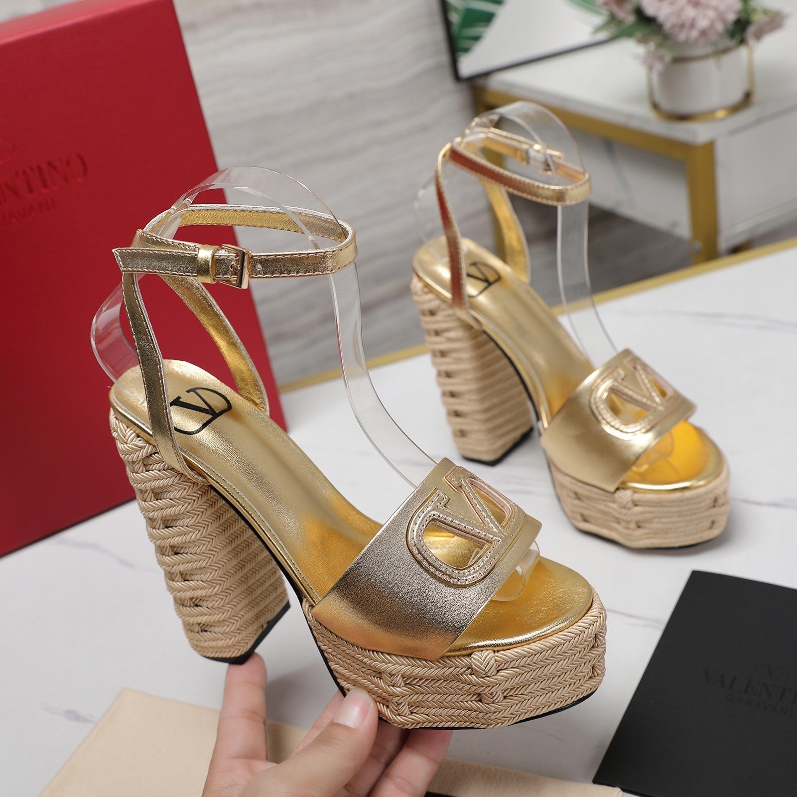 VL High-Heeled Flatform Sandals 13mm In Gold Cowhide 456380