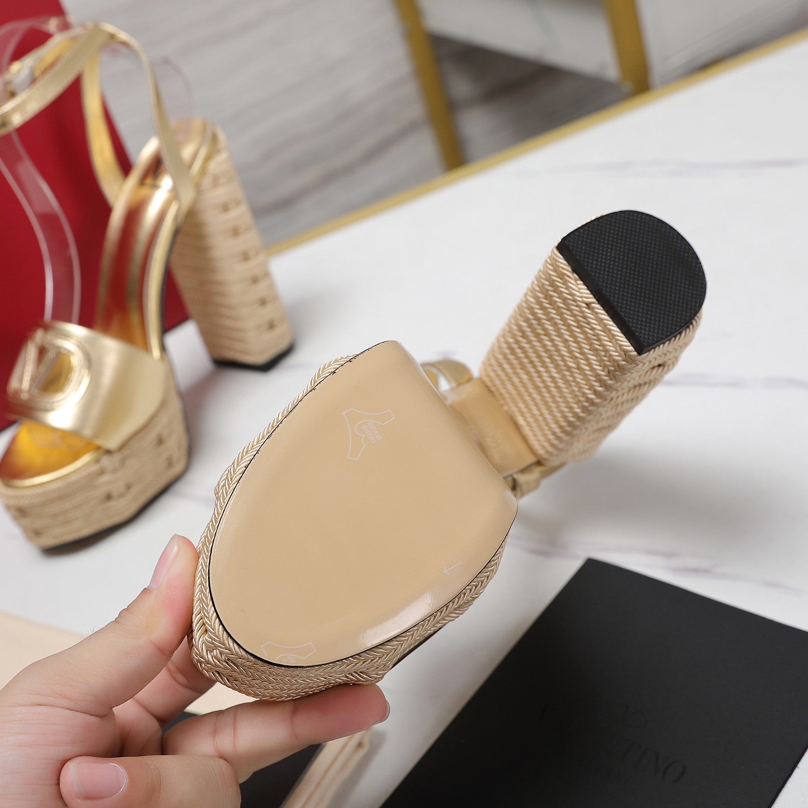 VL High-Heeled Flatform Sandals 13mm In Gold Cowhide 456380