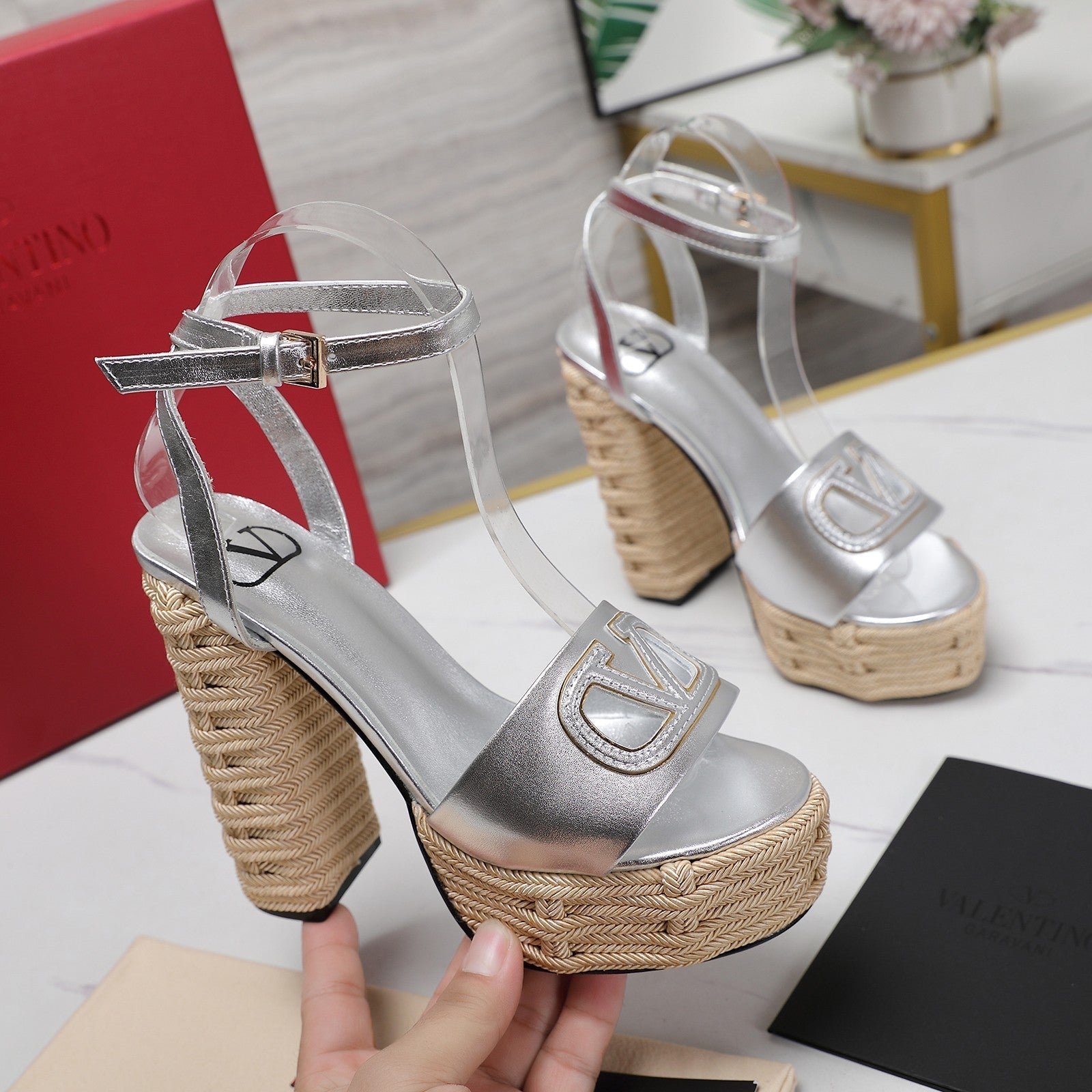 VL High-Heeled Flatform Sandals 13mm In Silver Cowhide 456379