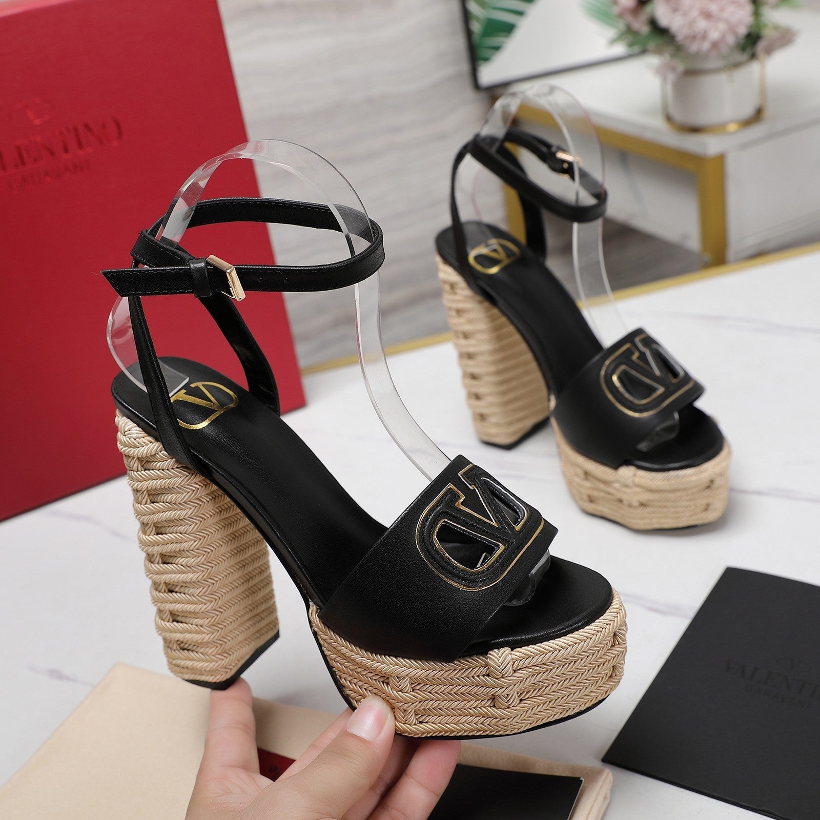 VL High-Heeled Flatform Sandals 13mm In Black Cowhide 456378