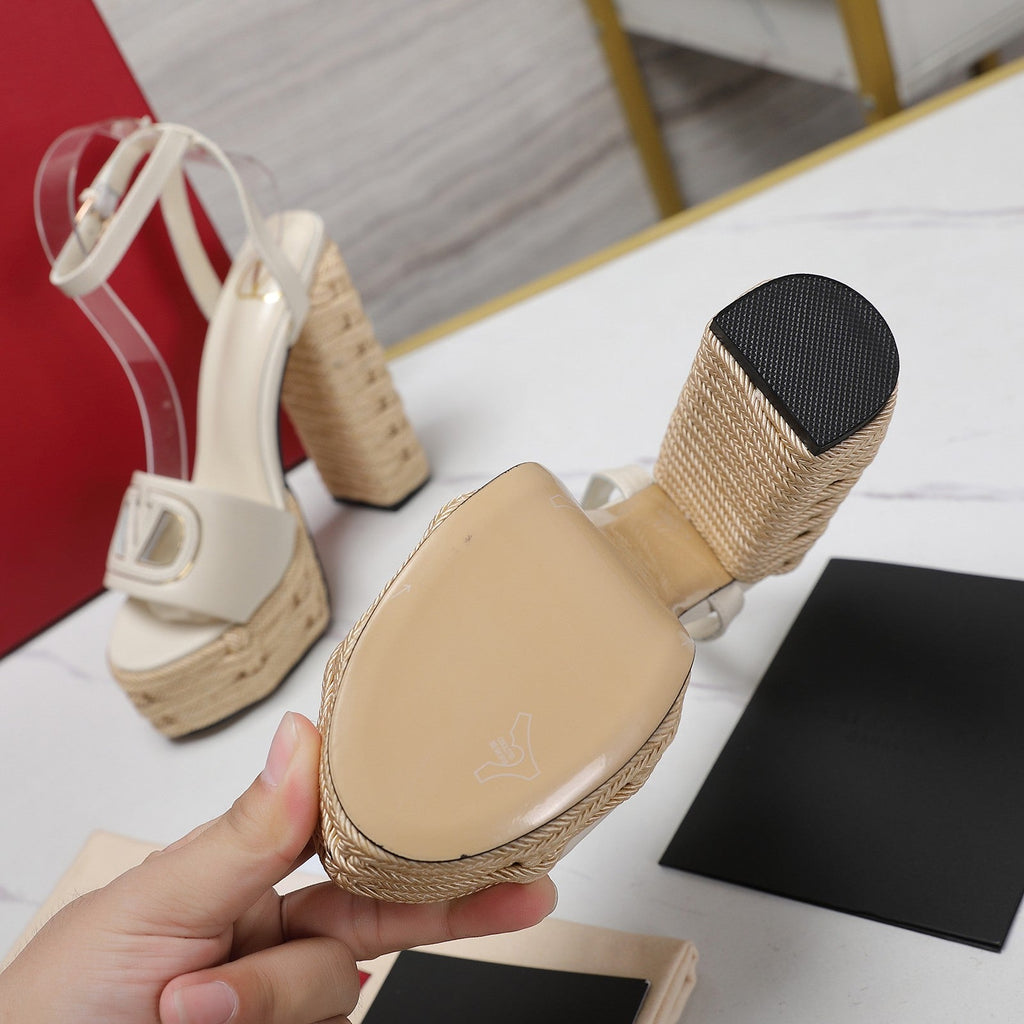 VL High-Heeled Flatform Sandals 13mm In Ivory White Cowhide 456376