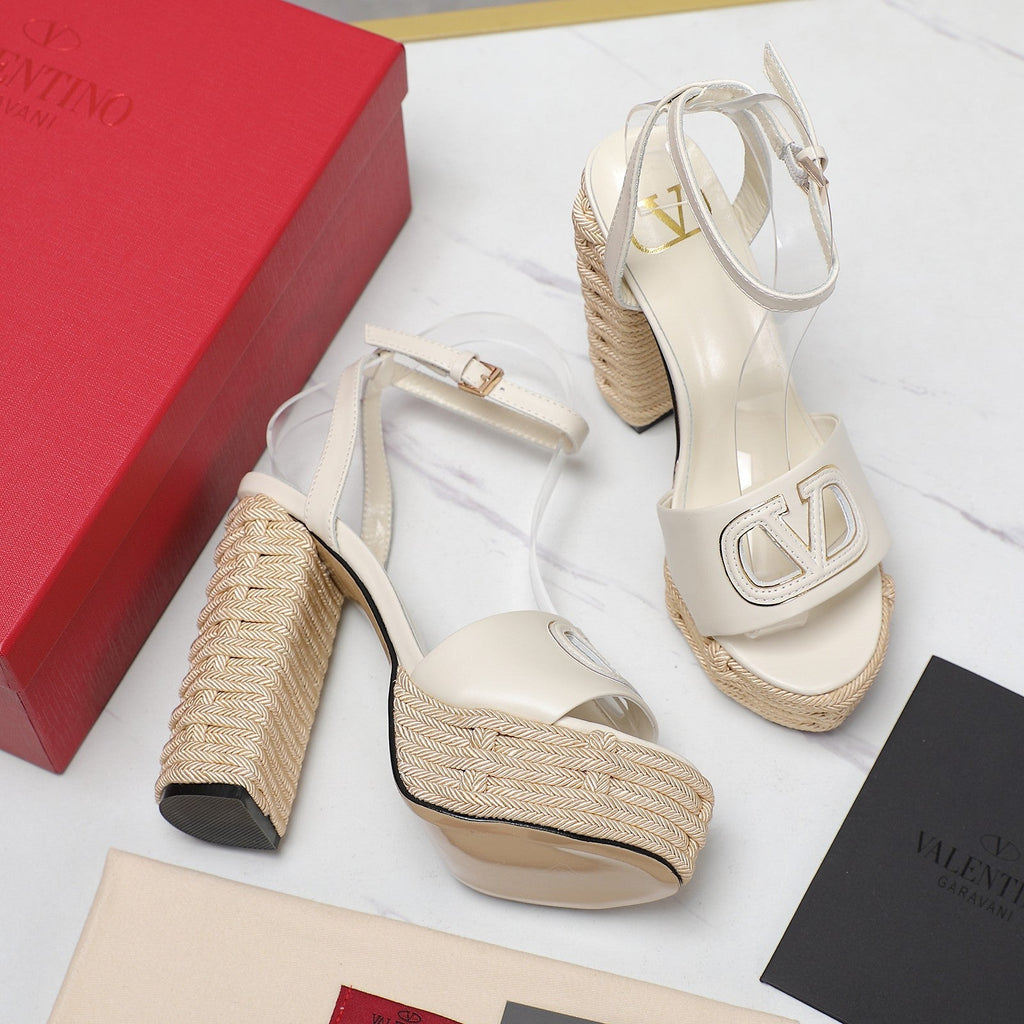 VL High-Heeled Flatform Sandals 13mm In Ivory White Cowhide 456376