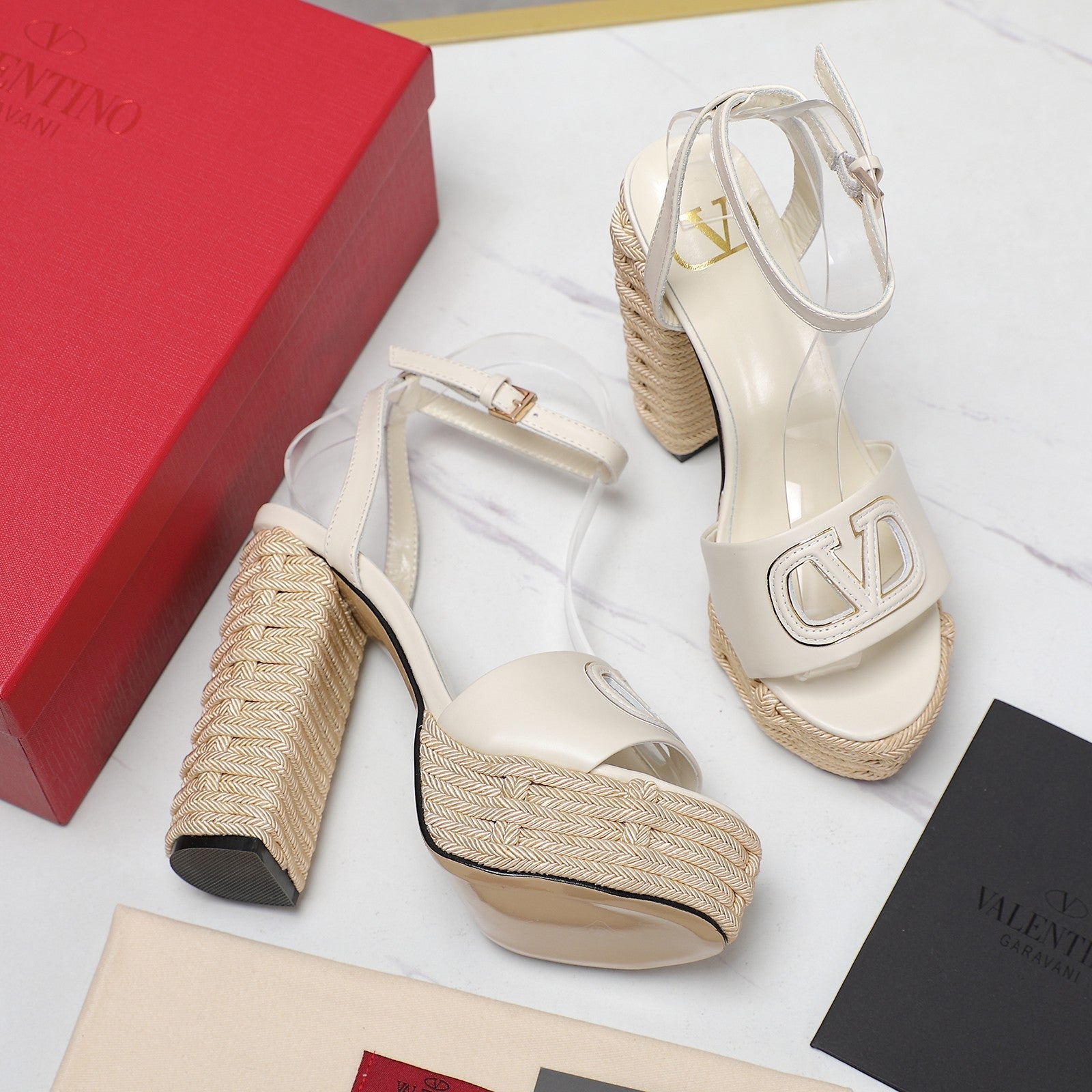 VL High-Heeled Flatform Sandals 13mm In Ivory White Cowhide 456376