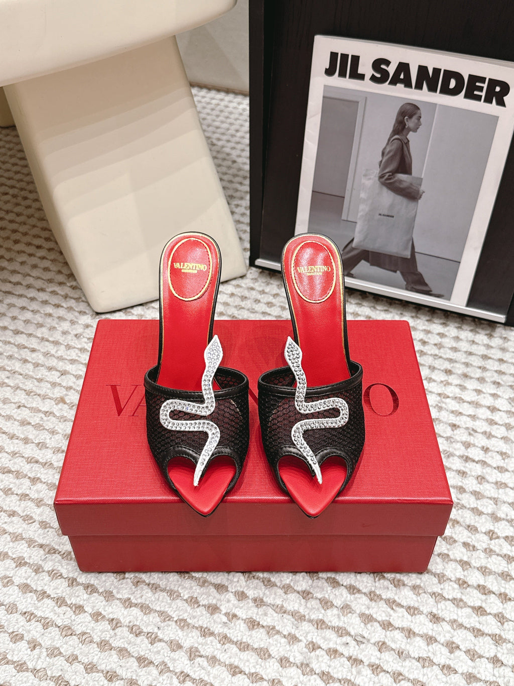 VL 26 Pointed Toe Rhinestone Buckle Sandals 10cm Black in Mesh 813051