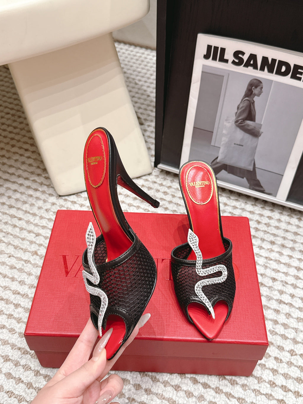 VL 26 Pointed Toe Rhinestone Buckle Sandals 10cm Black in Mesh 813051