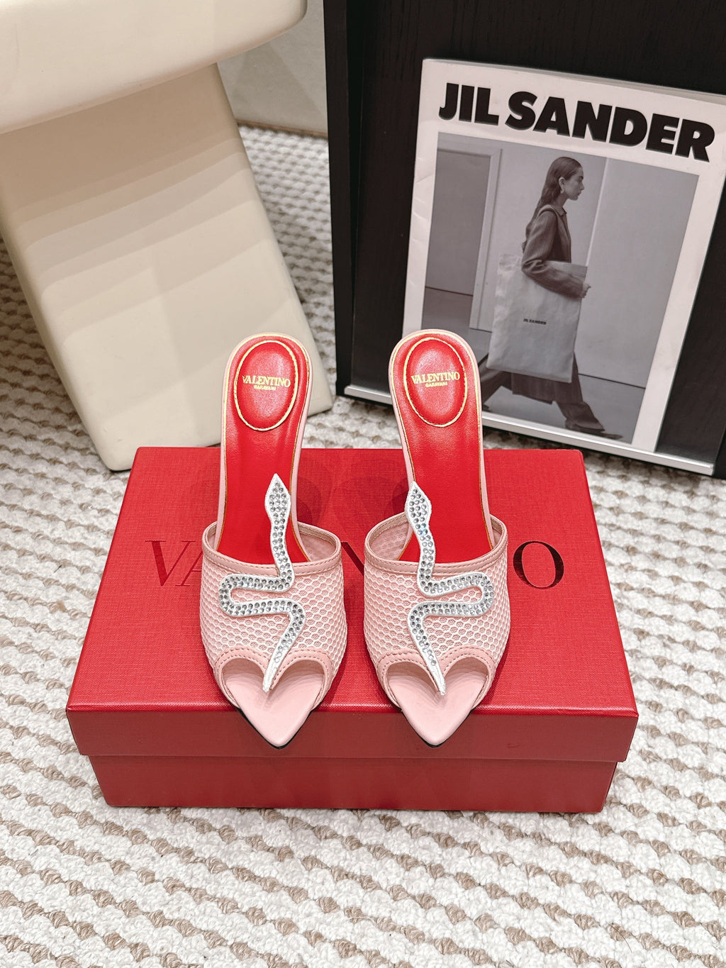 VL 26 Pointed Toe Rhinestone Buckle Sandals 10cm Light Pink in Mesh 813050