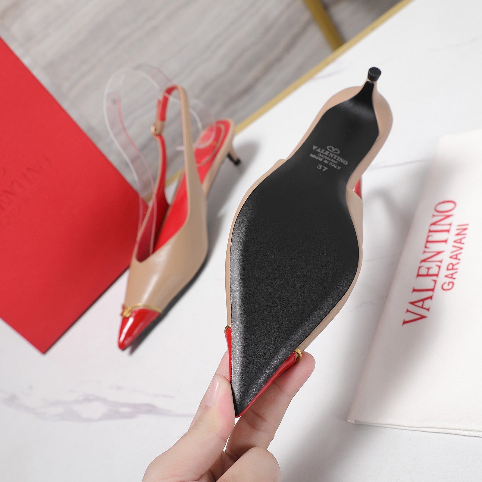 VLTN VLogo Slingback Pumps Beige Red Leather 913112