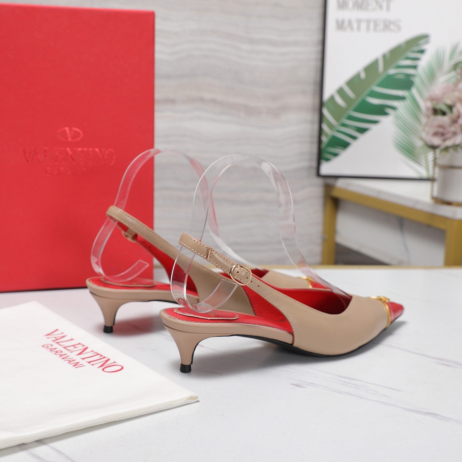VLTN VLogo Slingback Pumps Beige Red Leather 913112