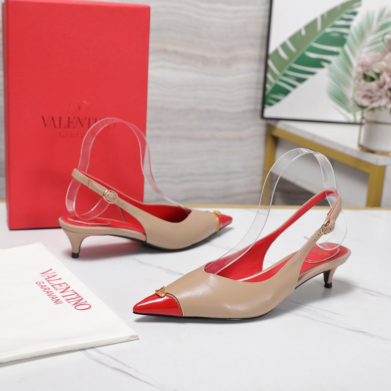 VLTN VLogo Slingback Pumps Beige Red Leather 913112