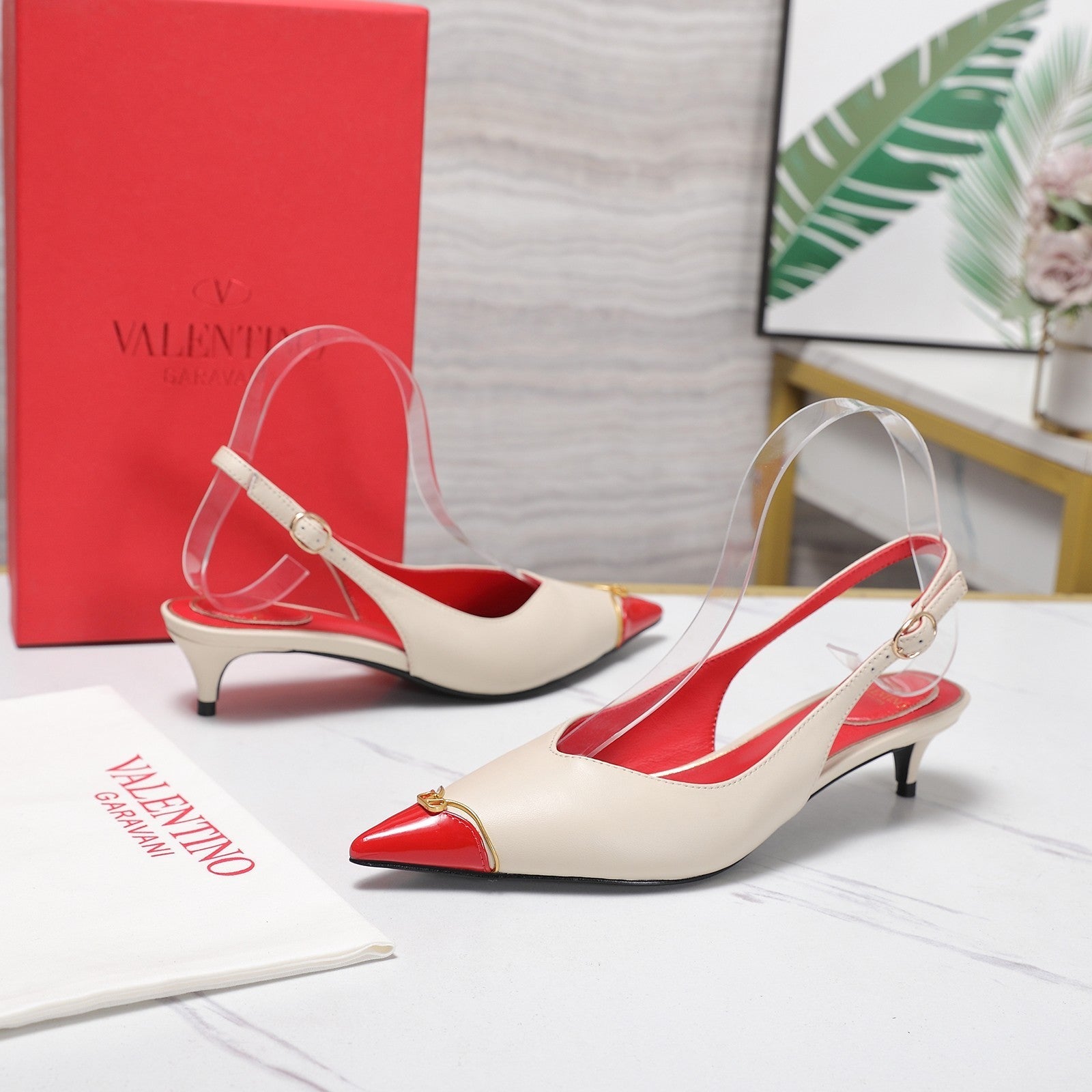 VLTN VLogo Slingback Pumps Cream Red Leather 913111