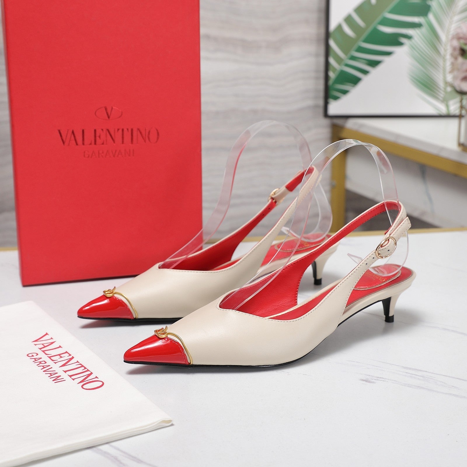 VLTN VLogo Slingback Pumps Cream Red Leather 913111