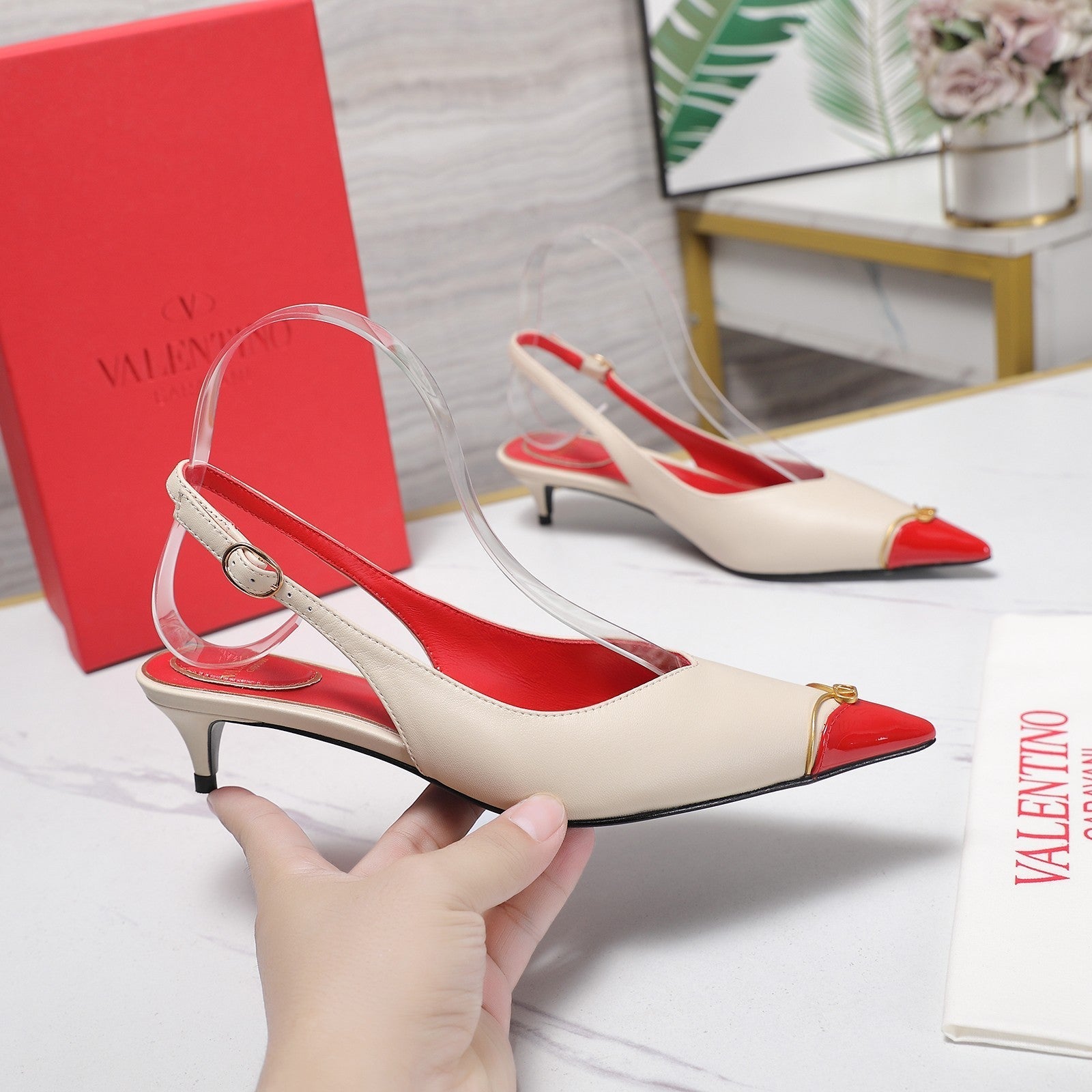 VLTN VLogo Slingback Pumps Cream Red Leather 913111