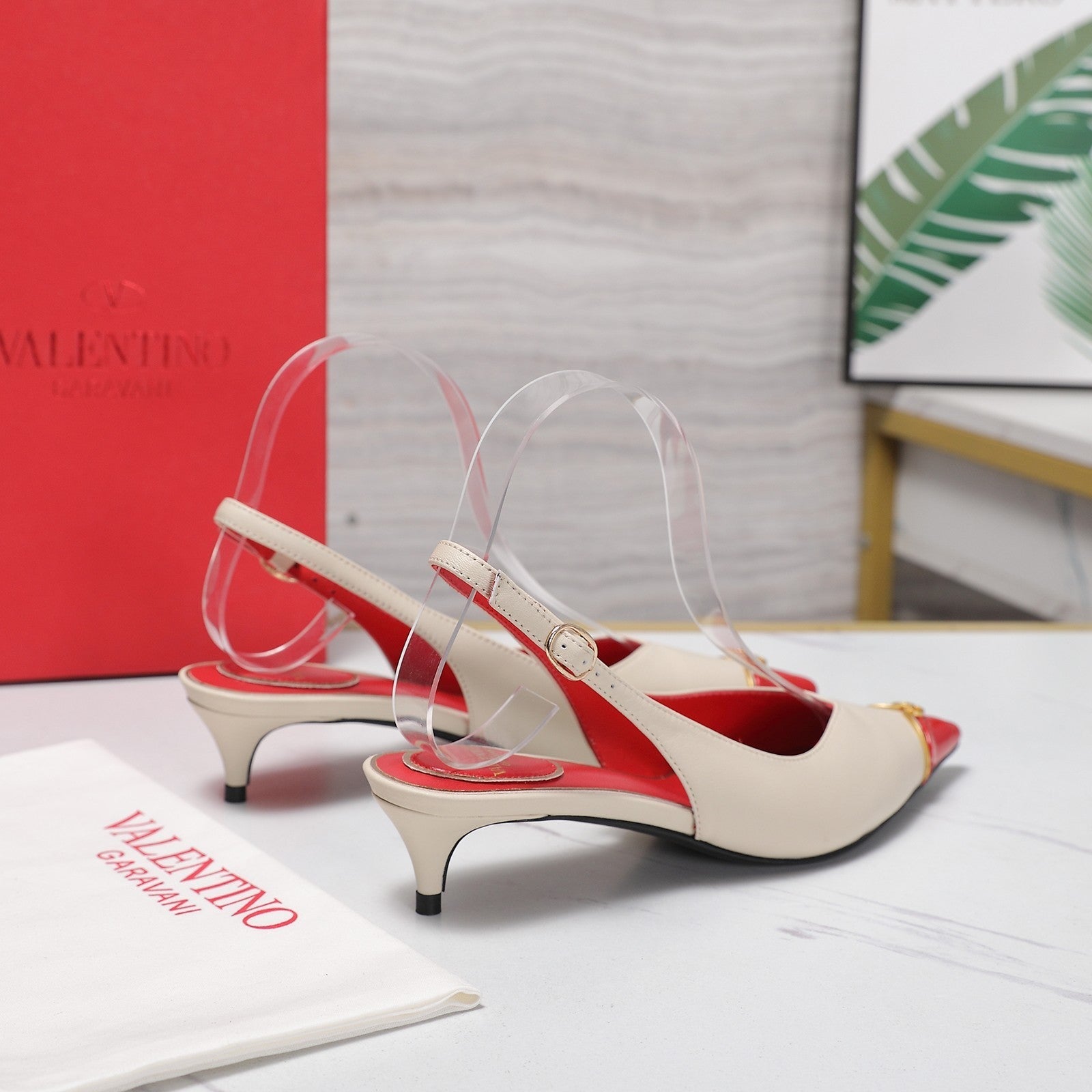 VLTN VLogo Slingback Pumps Cream Red Leather 913111