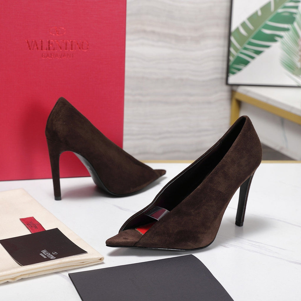 VLTN Revele Clear Strap Peep Toe Pumps 10.5cm Dark Brown Suede Leather 913100