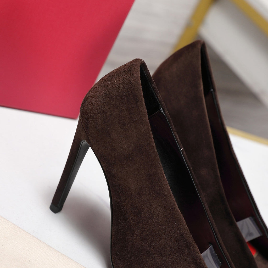 VLTN Revele Clear Strap Peep Toe Pumps 10.5cm Dark Brown Suede Leather 913100