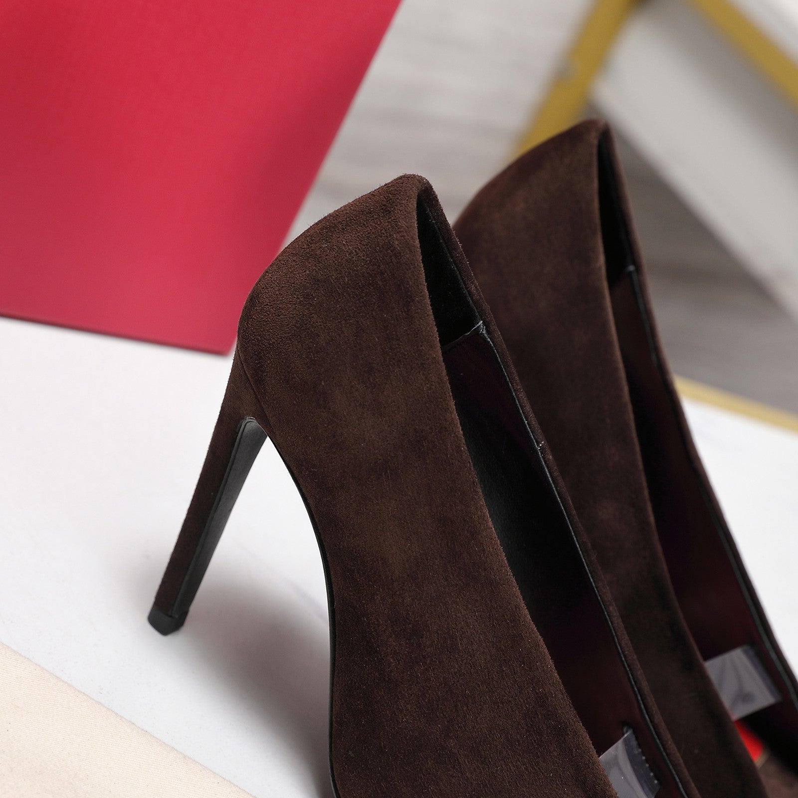 VLTN Revele Clear Strap Peep Toe Pumps 10.5cm Dark Brown Suede Leather 913100