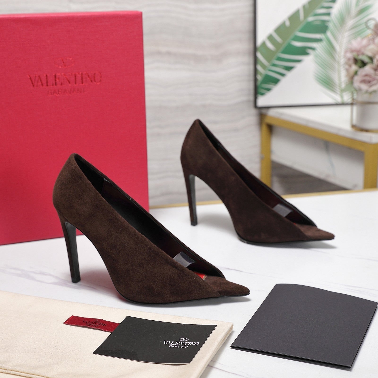 VLTN Revele Clear Strap Peep Toe Pumps 10.5cm Dark Brown Suede Leather 913100