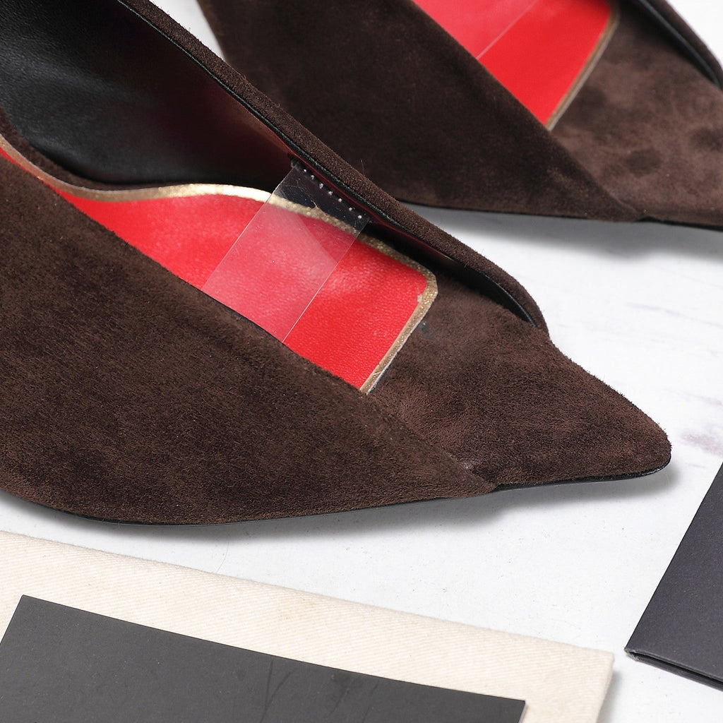 VLTN Revele Clear Strap Peep Toe Pumps 10.5cm Dark Brown Suede Leather 913100