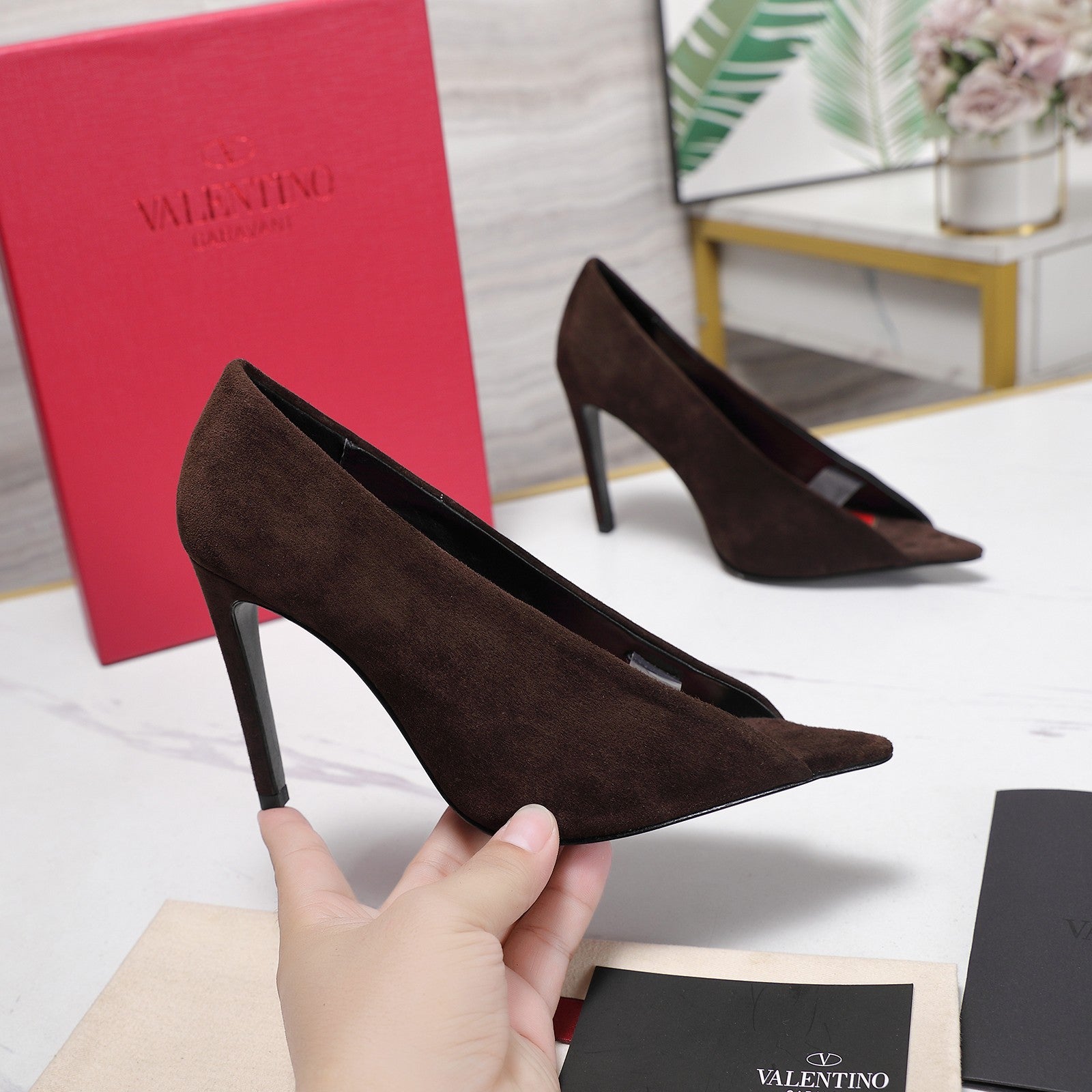 VLTN Revele Clear Strap Peep Toe Pumps 10.5cm Dark Brown Suede Leather 913100