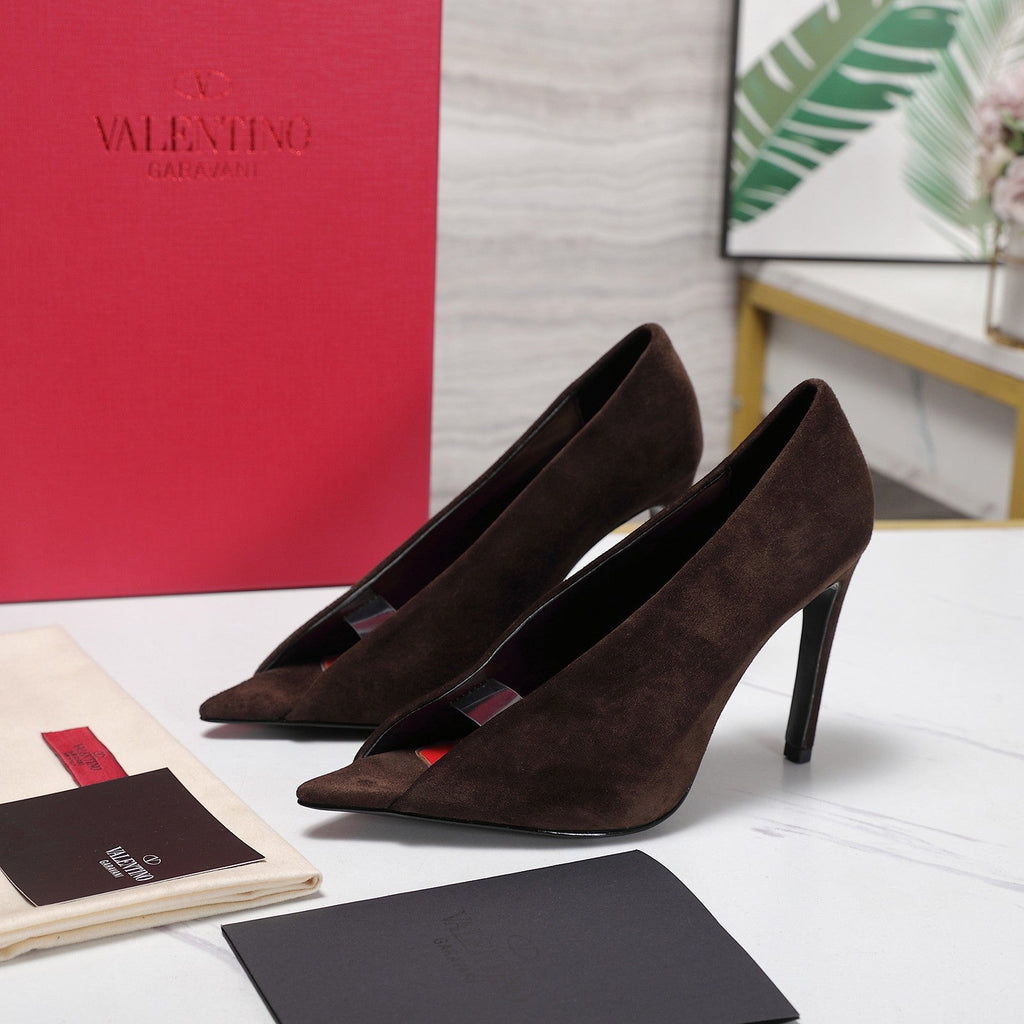VLTN Revele Clear Strap Peep Toe Pumps 10.5cm Dark Brown Suede Leather 913100