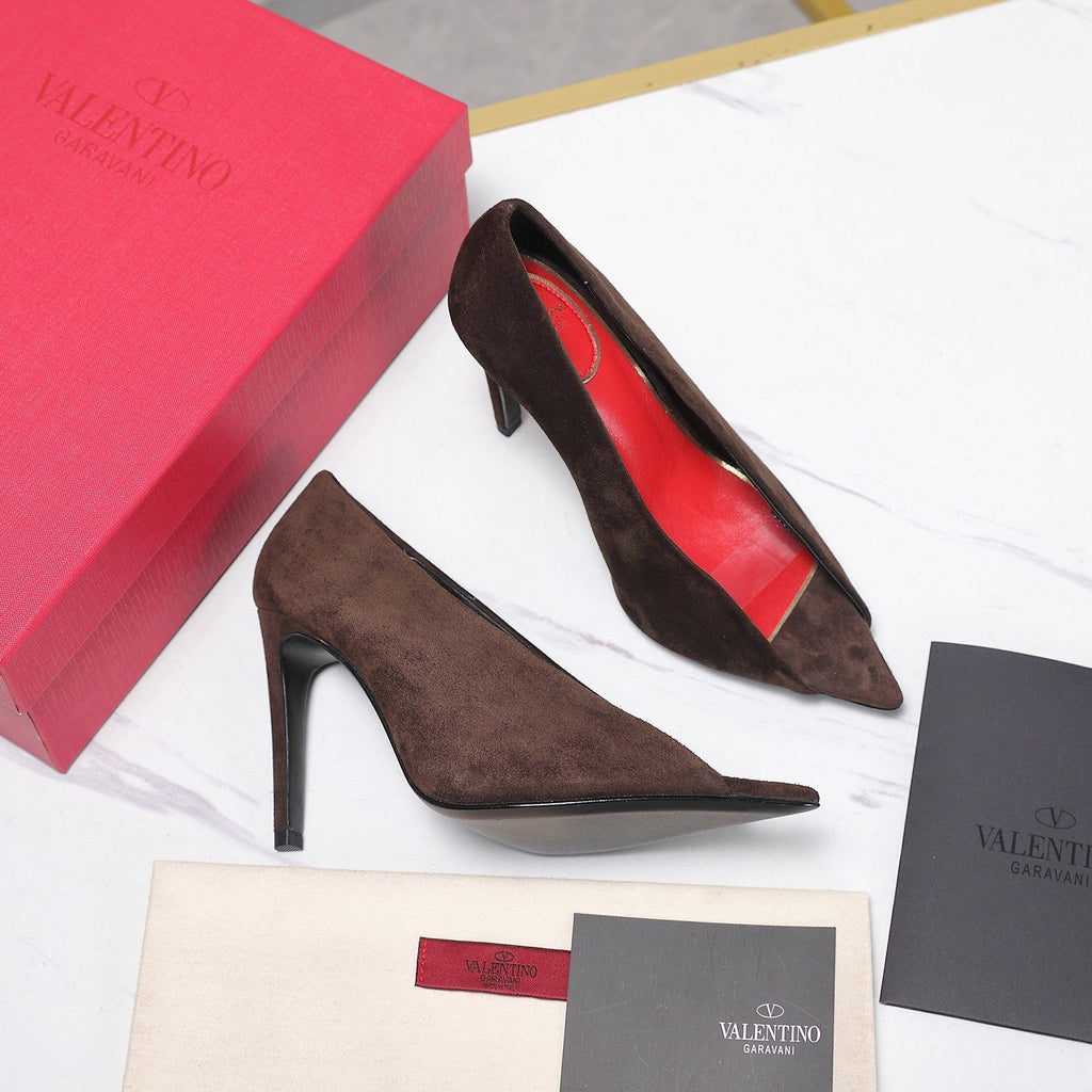 VLTN Revele Clear Strap Peep Toe Pumps 10.5cm Dark Brown Suede Leather 913100