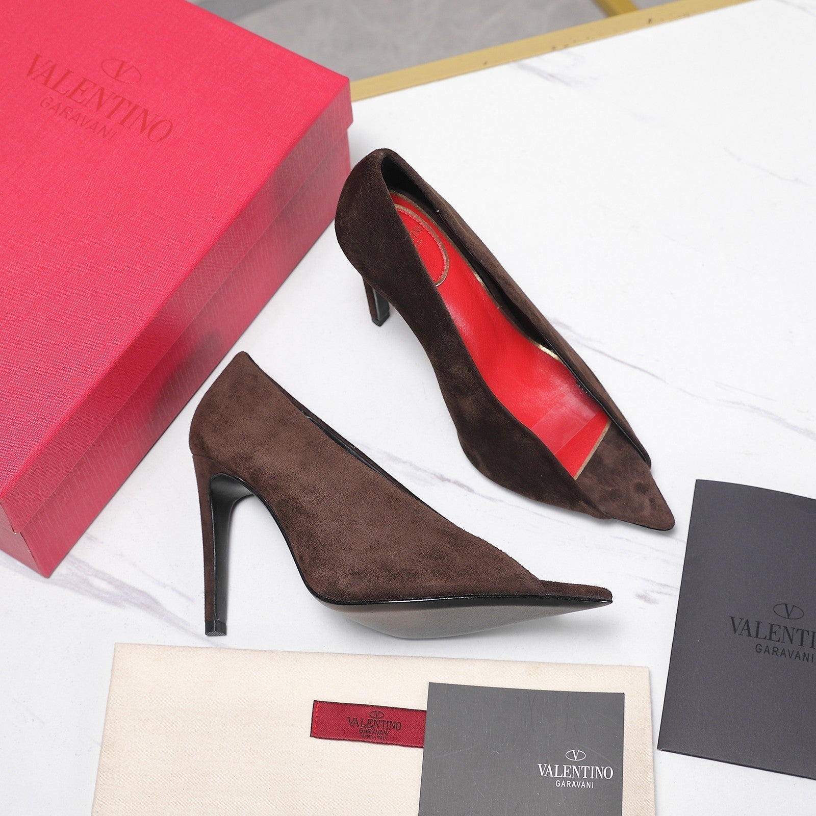 VLTN Revele Clear Strap Peep Toe Pumps 10.5cm Dark Brown Suede Leather 913100