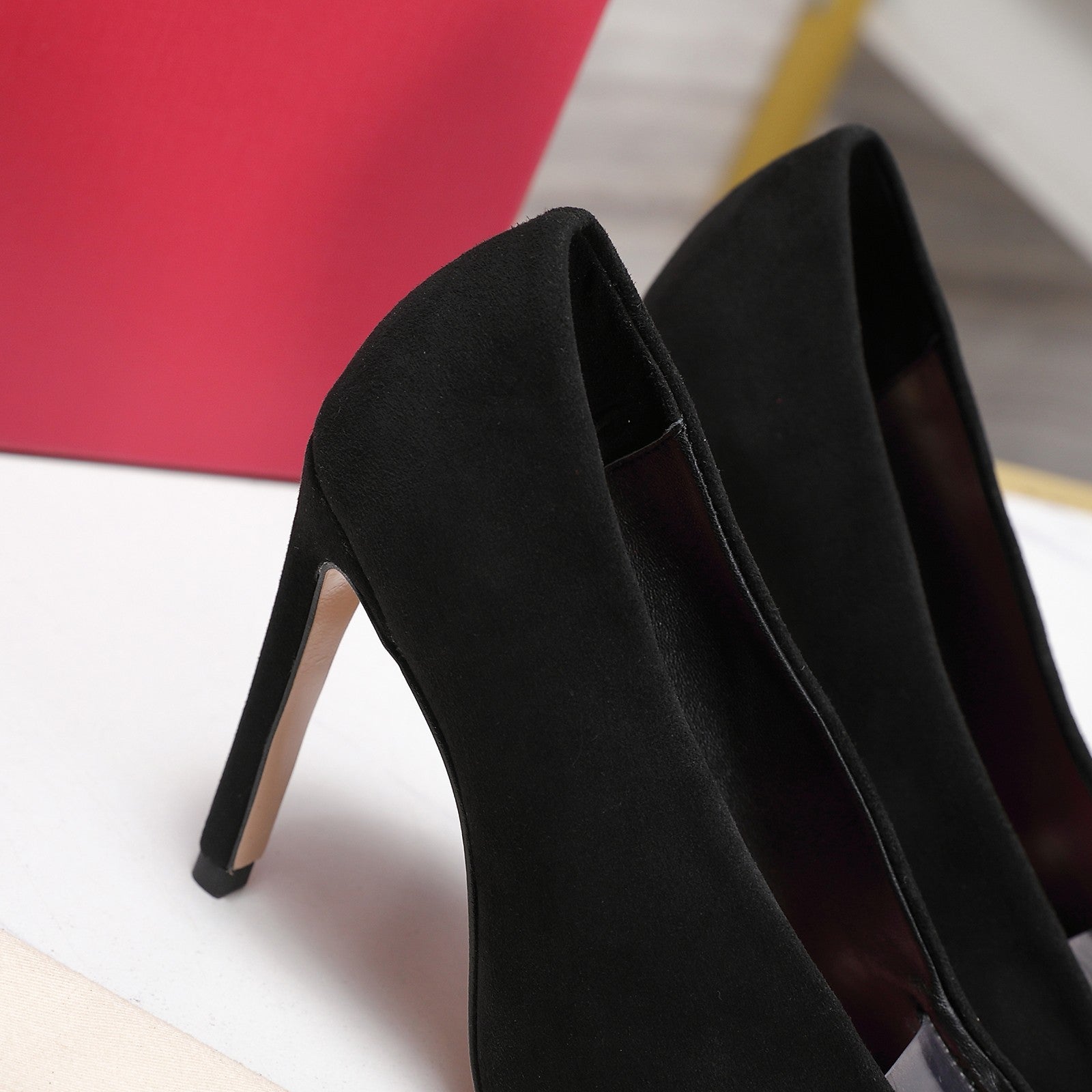 VLTN Revele Clear Strap Peep Toe Pumps 10.5cm Black Suede Leather 913101