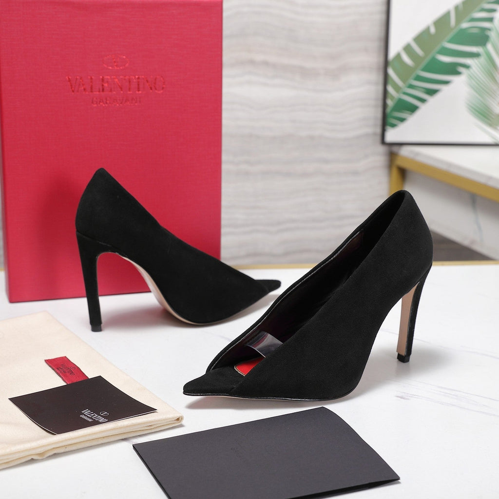 VLTN Revele Clear Strap Peep Toe Pumps 10.5cm Black Suede Leather 913101