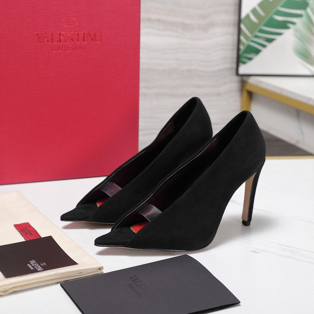 VLTN Revele Clear Strap Peep Toe Pumps 10.5cm Black Suede Leather 913101
