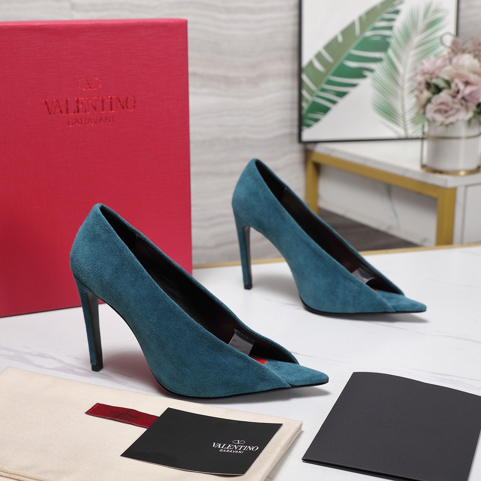 VLTN Revele Clear Strap Peep Toe Pumps 10.5cm Blue Suede Leather 913099