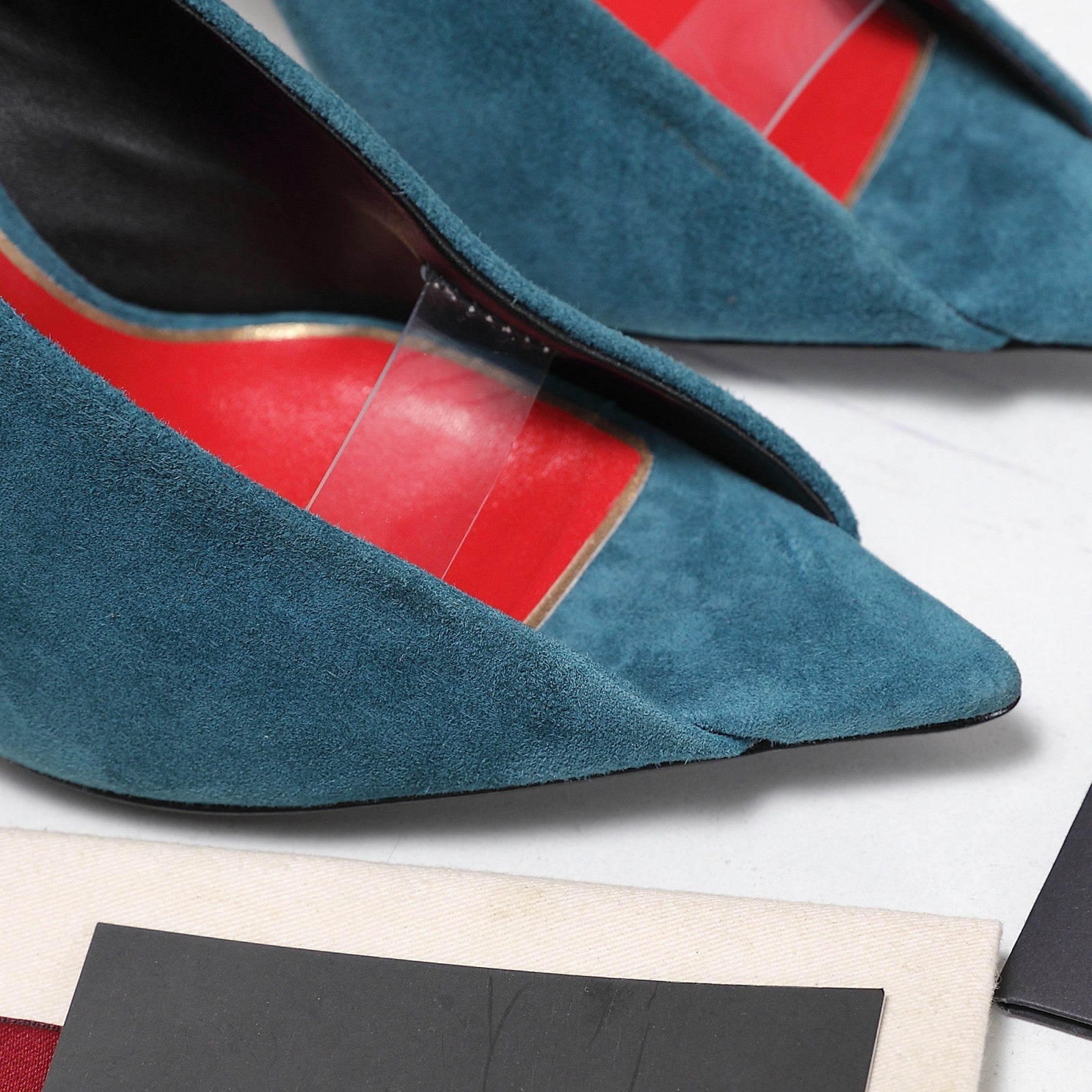 VLTN Revele Clear Strap Peep Toe Pumps 10.5cm Blue Suede Leather 913099