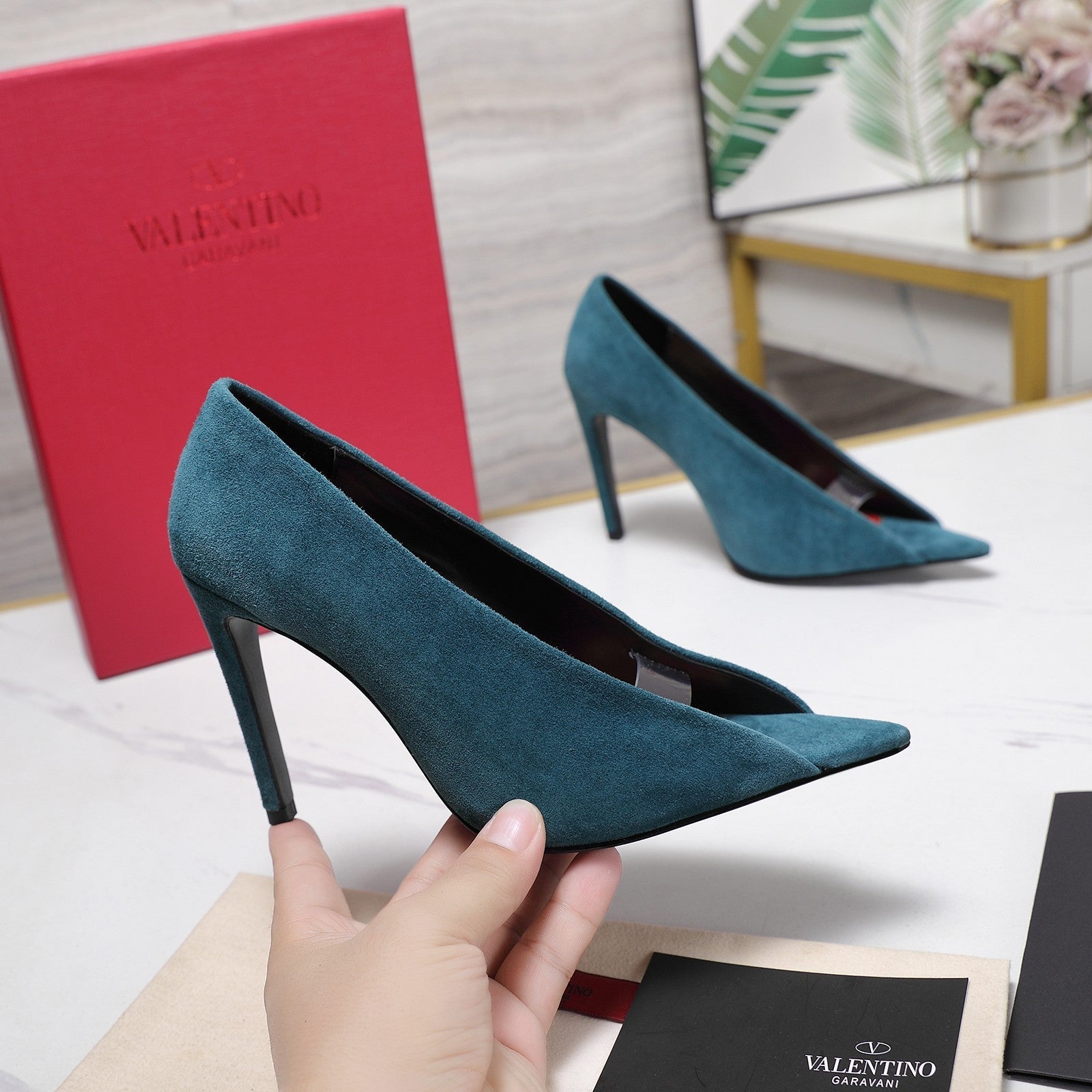 VLTN Revele Clear Strap Peep Toe Pumps 10.5cm Blue Suede Leather 913099