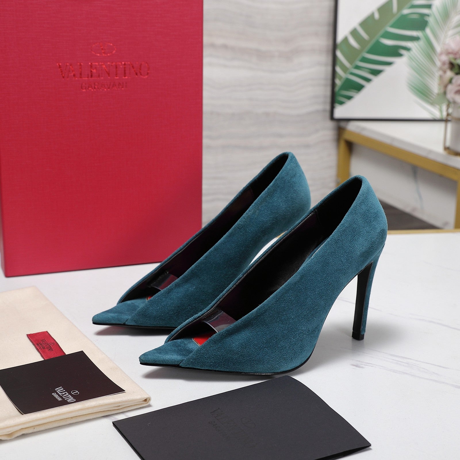 VLTN Revele Clear Strap Peep Toe Pumps 10.5cm Blue Suede Leather 913099