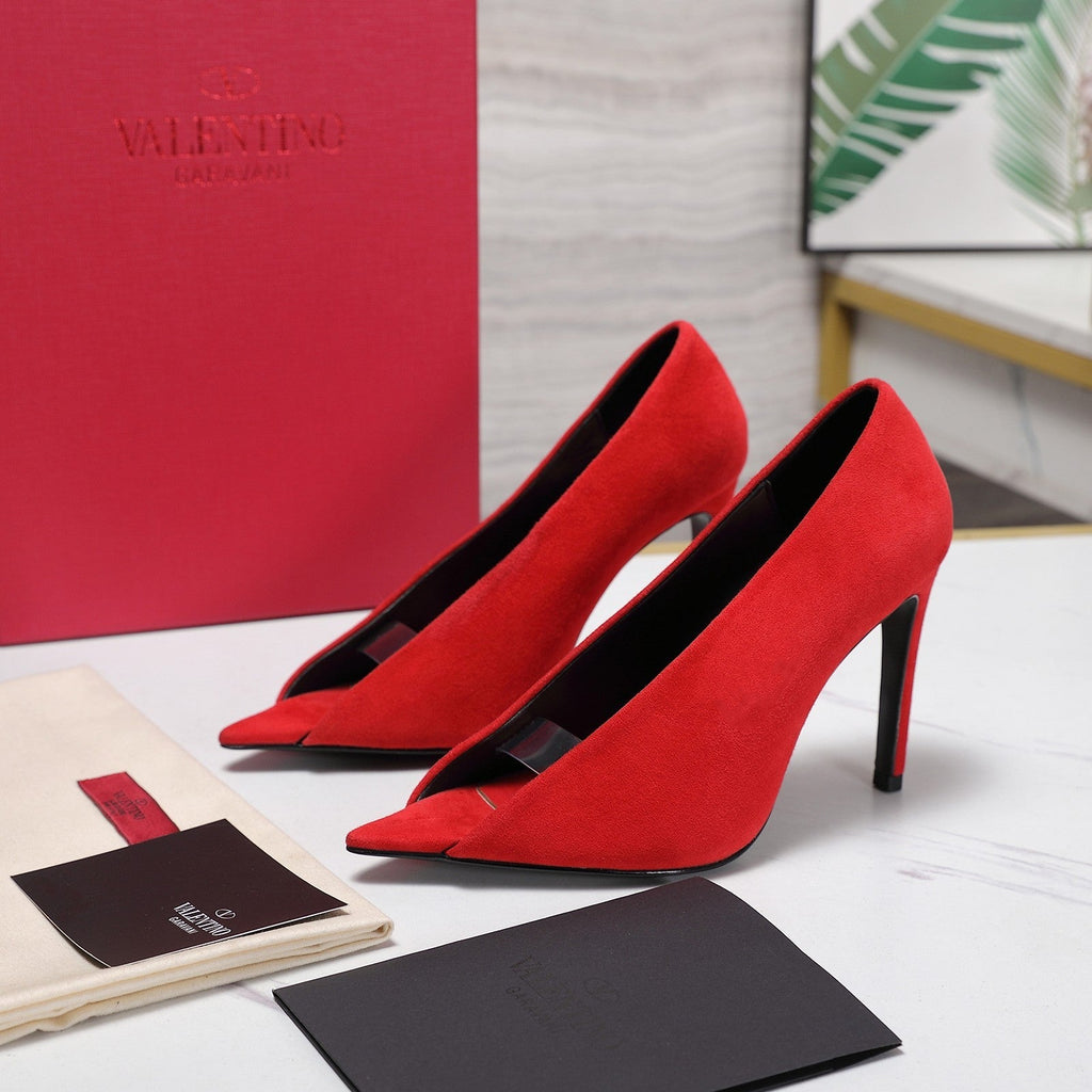 VLTN Revele Clear Strap Peep Toe Pumps 10.5cm Red Suede Leather 913098