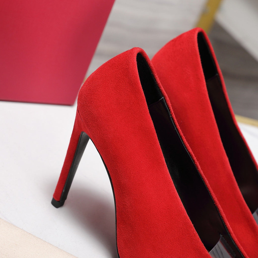 VLTN Revele Clear Strap Peep Toe Pumps 10.5cm Red Suede Leather 913098