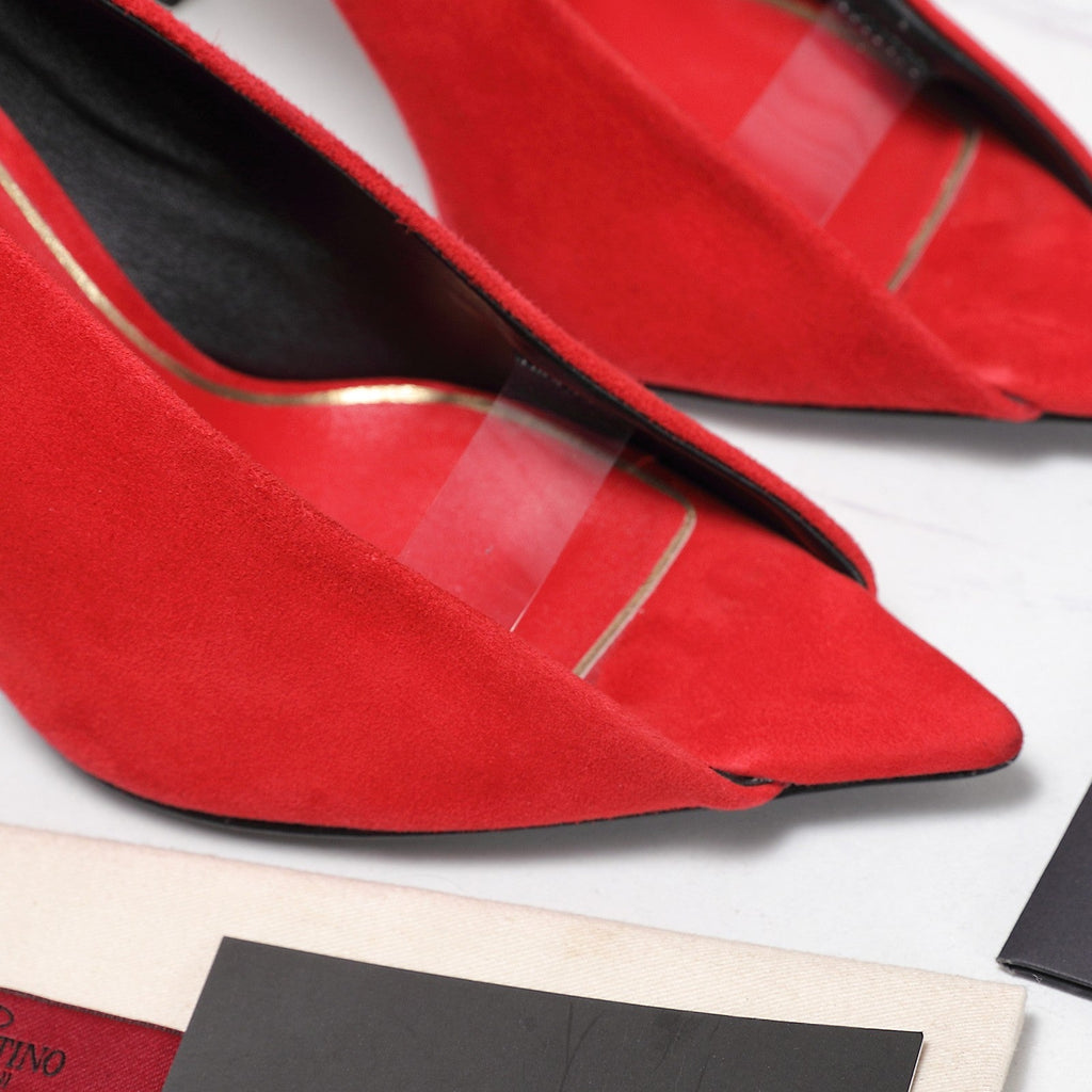 VLTN Revele Clear Strap Peep Toe Pumps 10.5cm Red Suede Leather 913098
