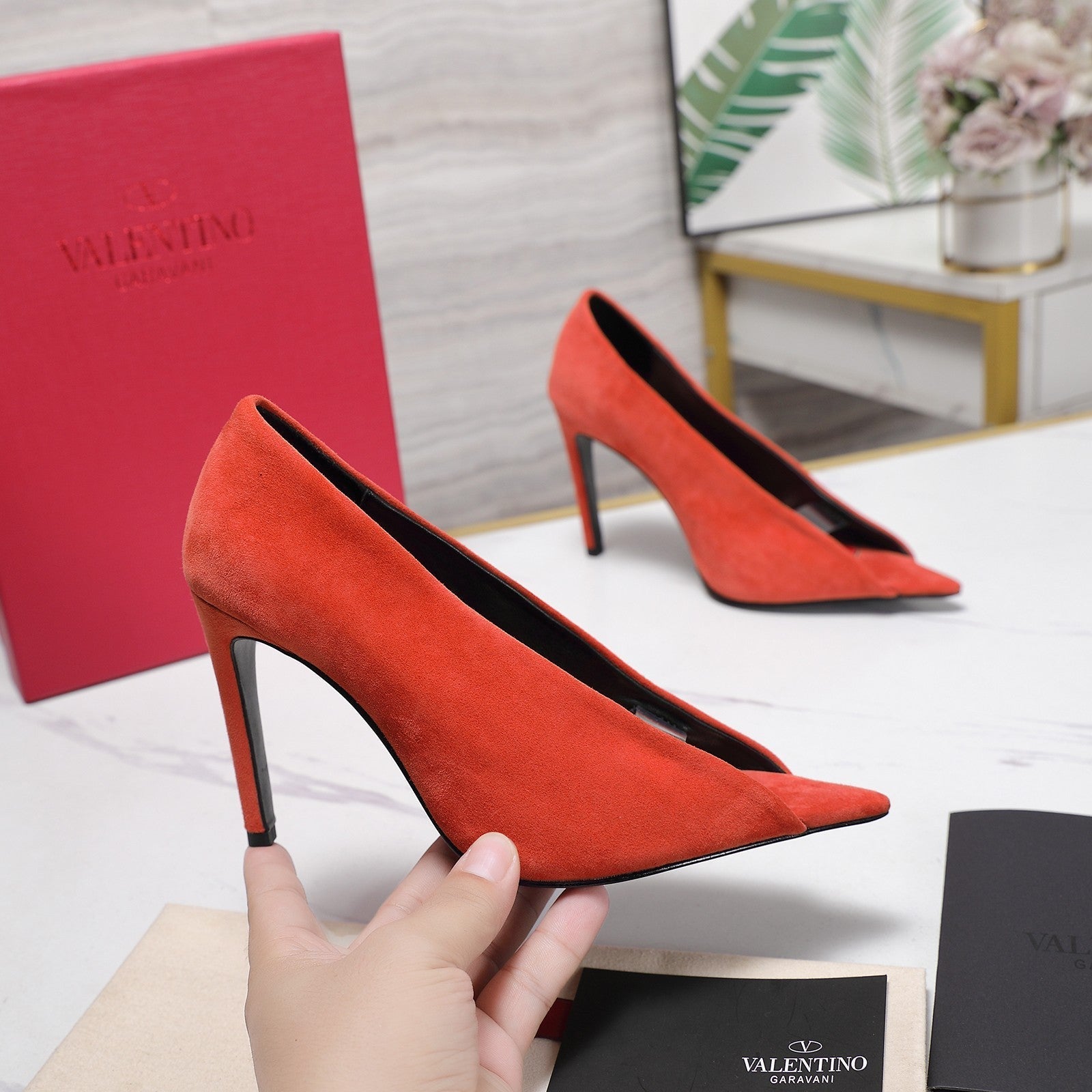 VLTN Revele Clear Strap Peep Toe Pumps 10.5cm Orange Suede Leather 913097