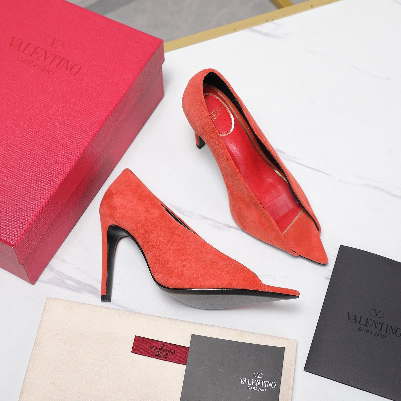 VLTN Revele Clear Strap Peep Toe Pumps 10.5cm Orange Suede Leather 913097