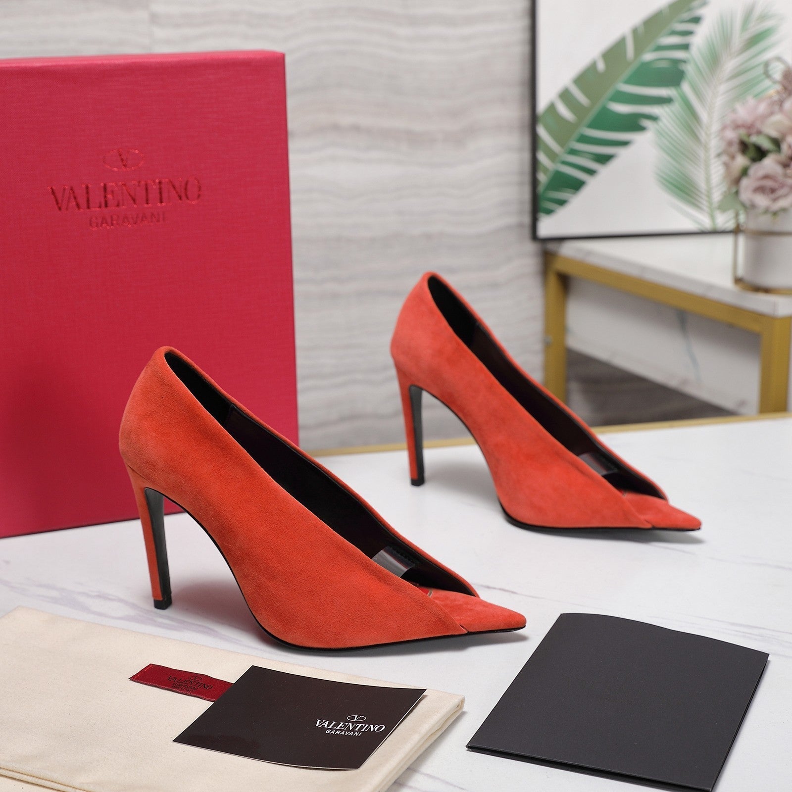 VLTN Revele Clear Strap Peep Toe Pumps 10.5cm Orange Suede Leather 913097