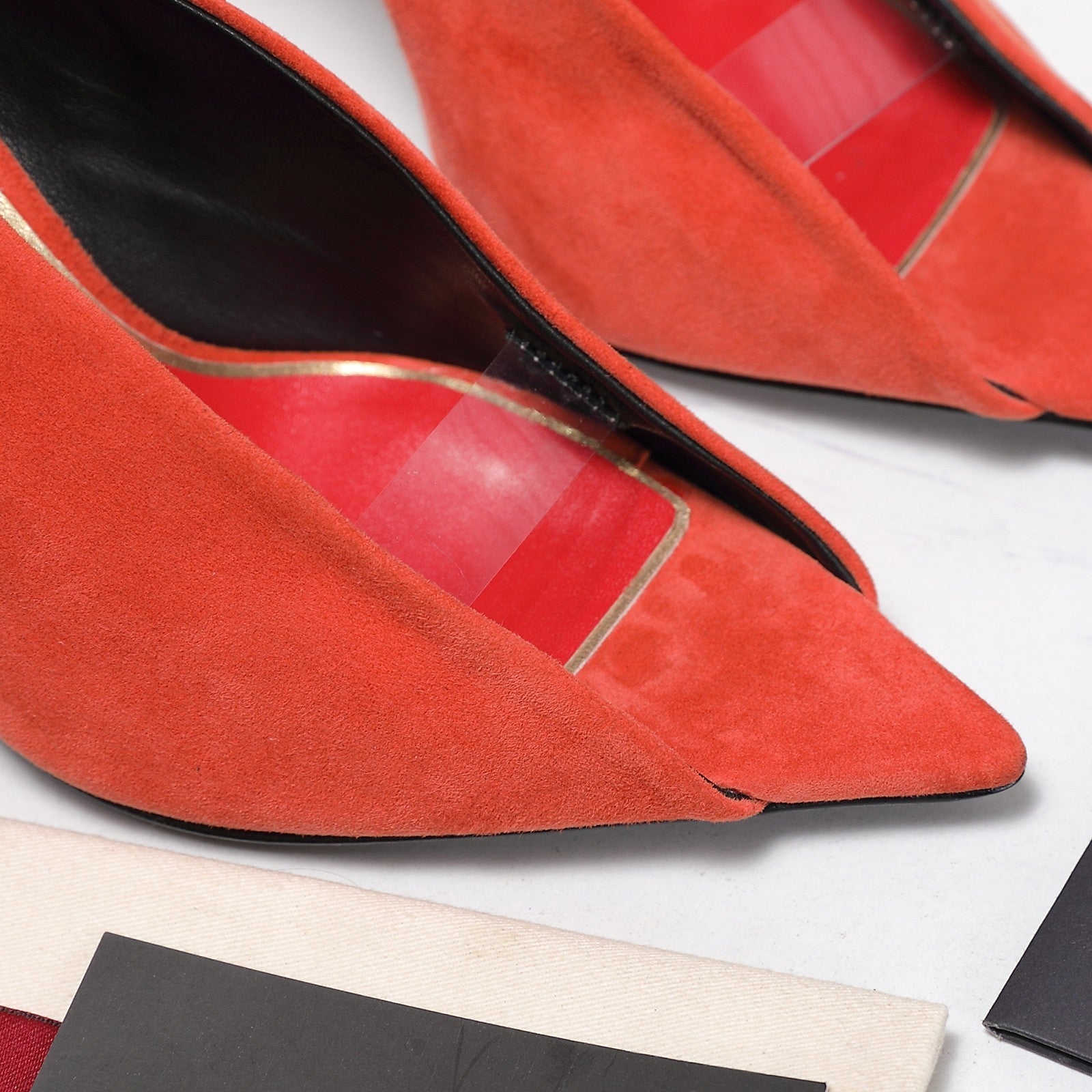 VLTN Revele Clear Strap Peep Toe Pumps 10.5cm Orange Suede Leather 913097