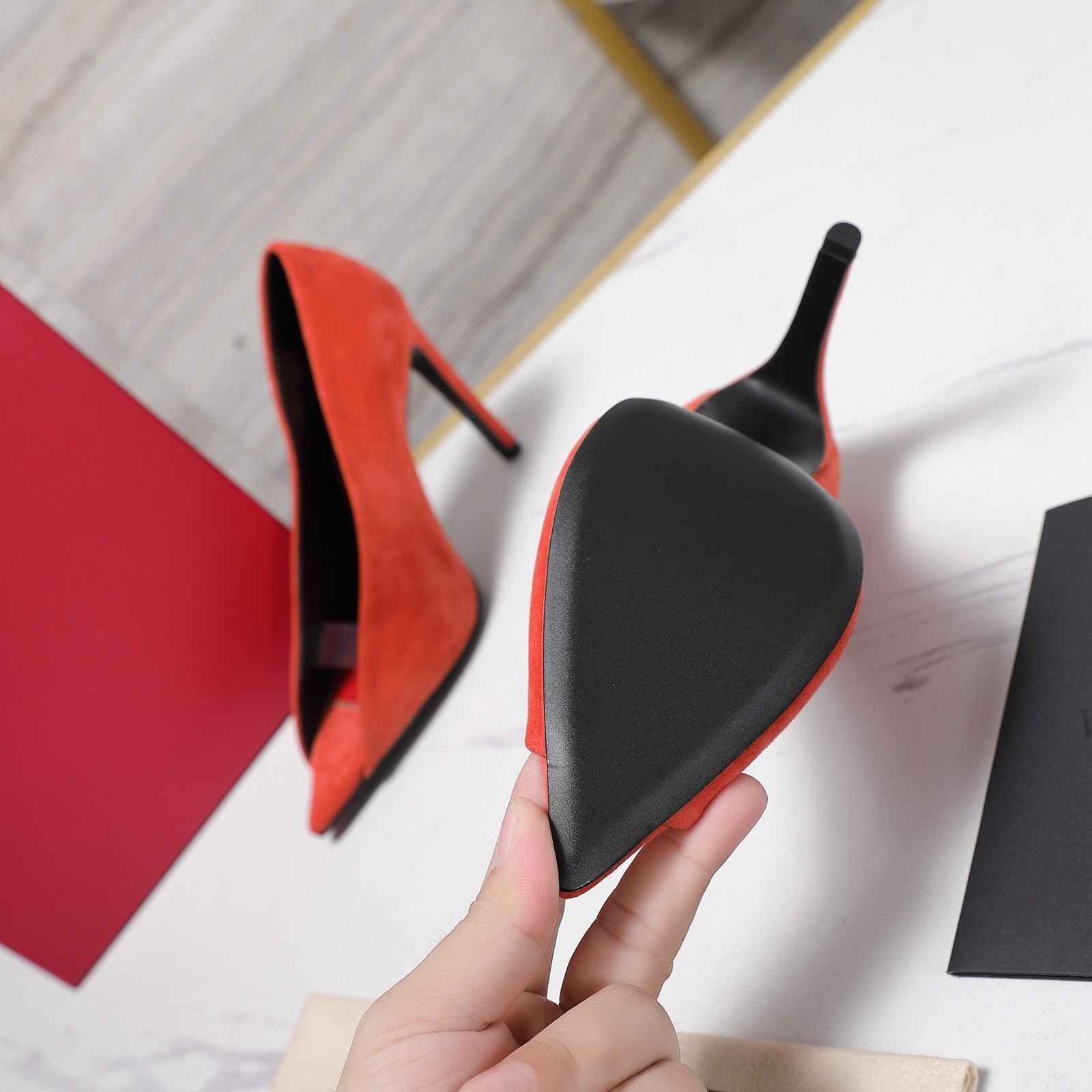 VLTN Revele Clear Strap Peep Toe Pumps 10.5cm Orange Suede Leather 913097