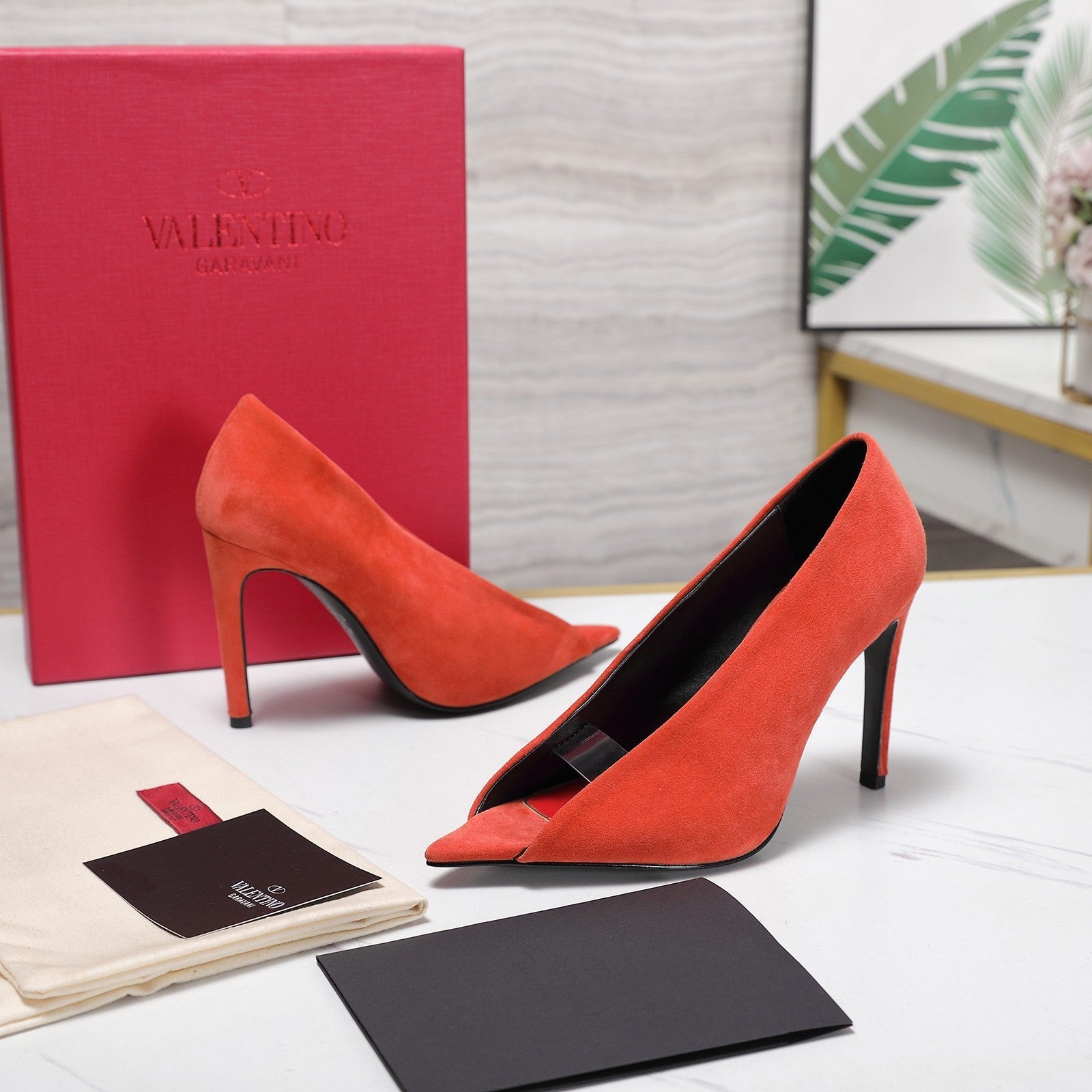 VLTN Revele Clear Strap Peep Toe Pumps 10.5cm Orange Suede Leather 913097