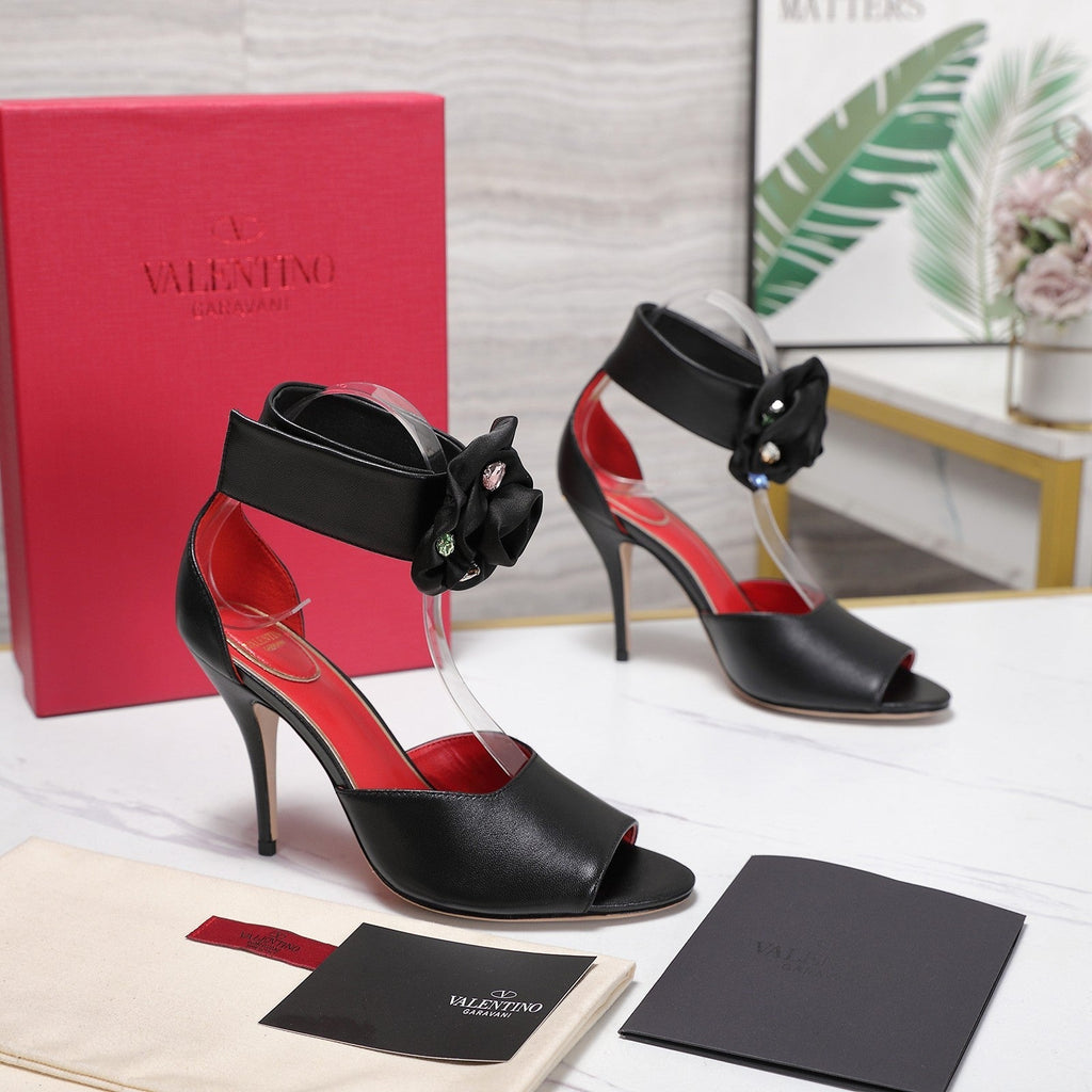 VLTN Drip Rose Applique Sandals 10.5cm Black Leather 913089