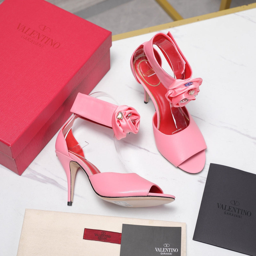 VLTN Drip Rose Applique Sandals 10.5cm Pink Leather 913088