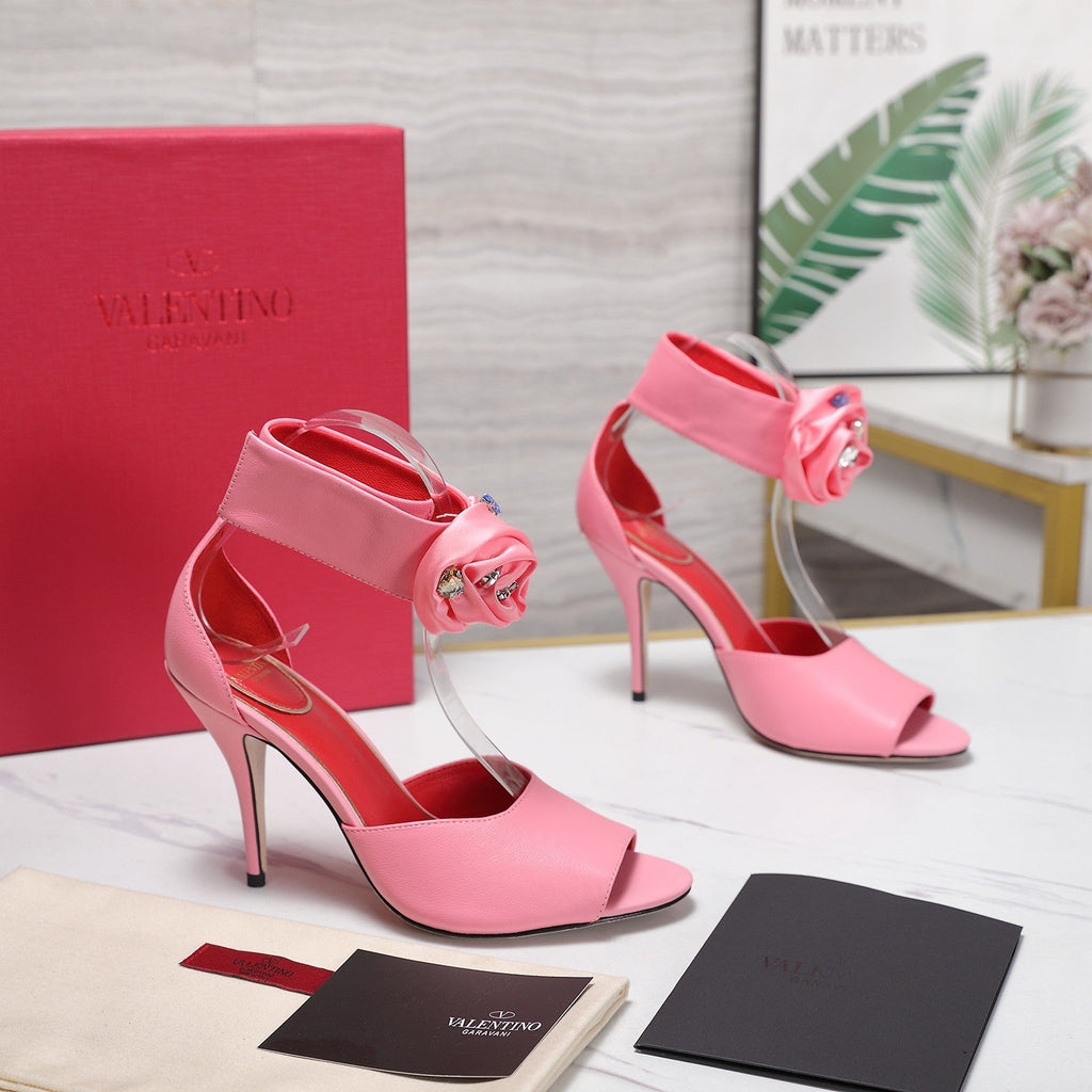VLTN Drip Rose Applique Sandals 10.5cm Pink Leather 913088