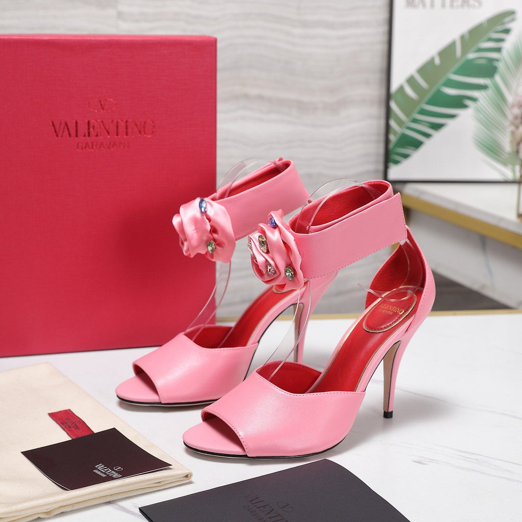 VLTN Drip Rose Applique Sandals 10.5cm Pink Leather 913088